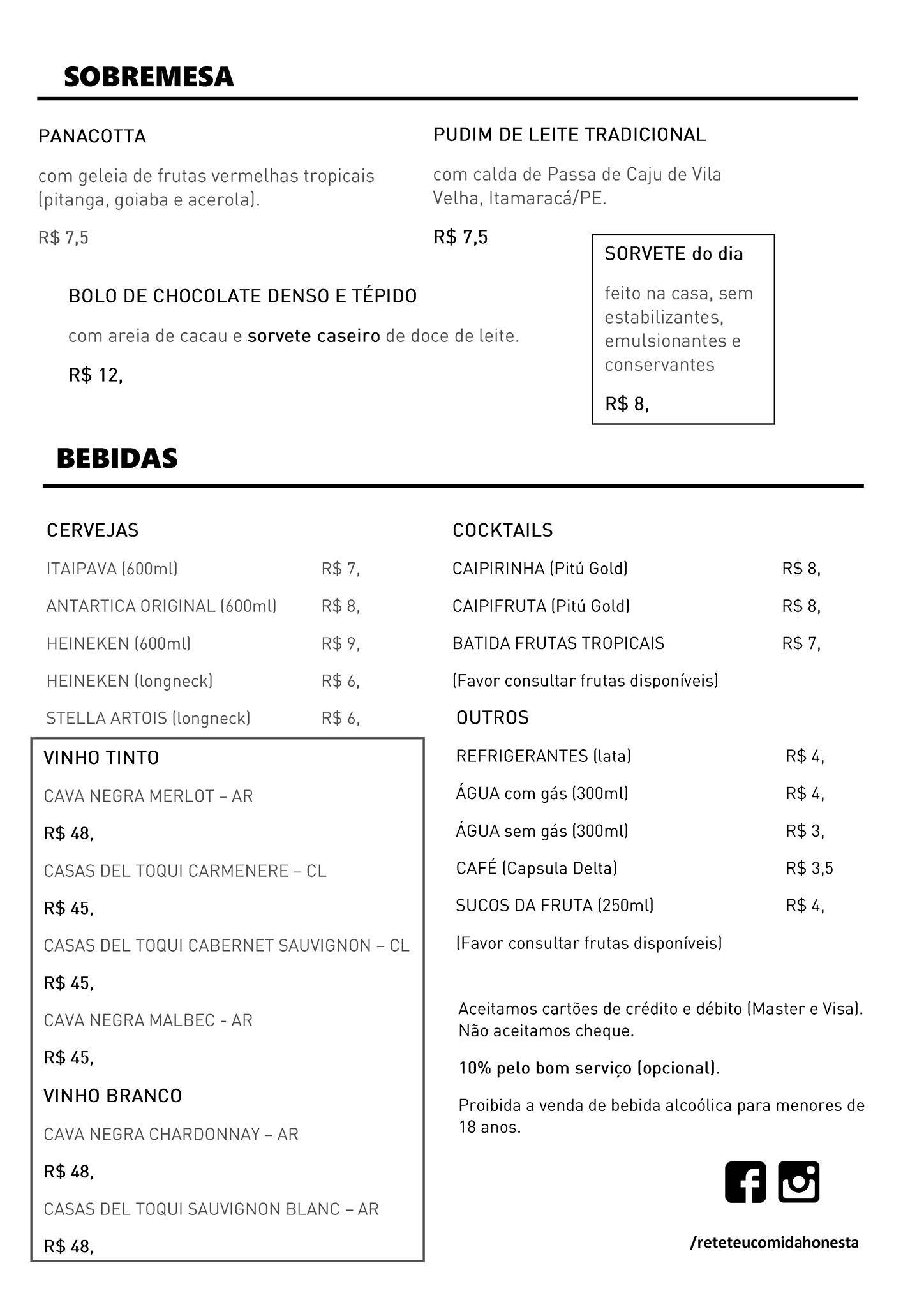 Reteteu comida honesta cardápio