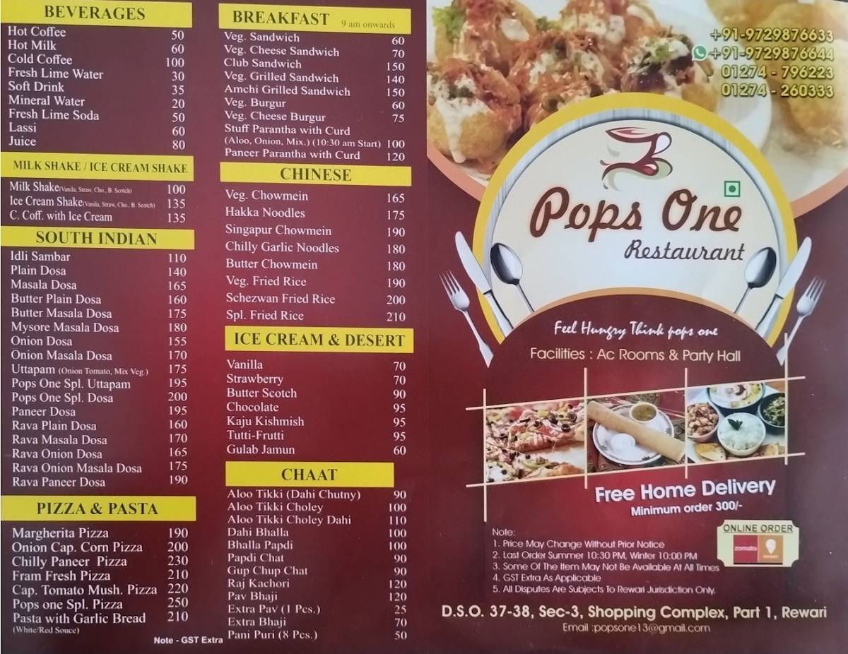 Pops One Restaurant menu