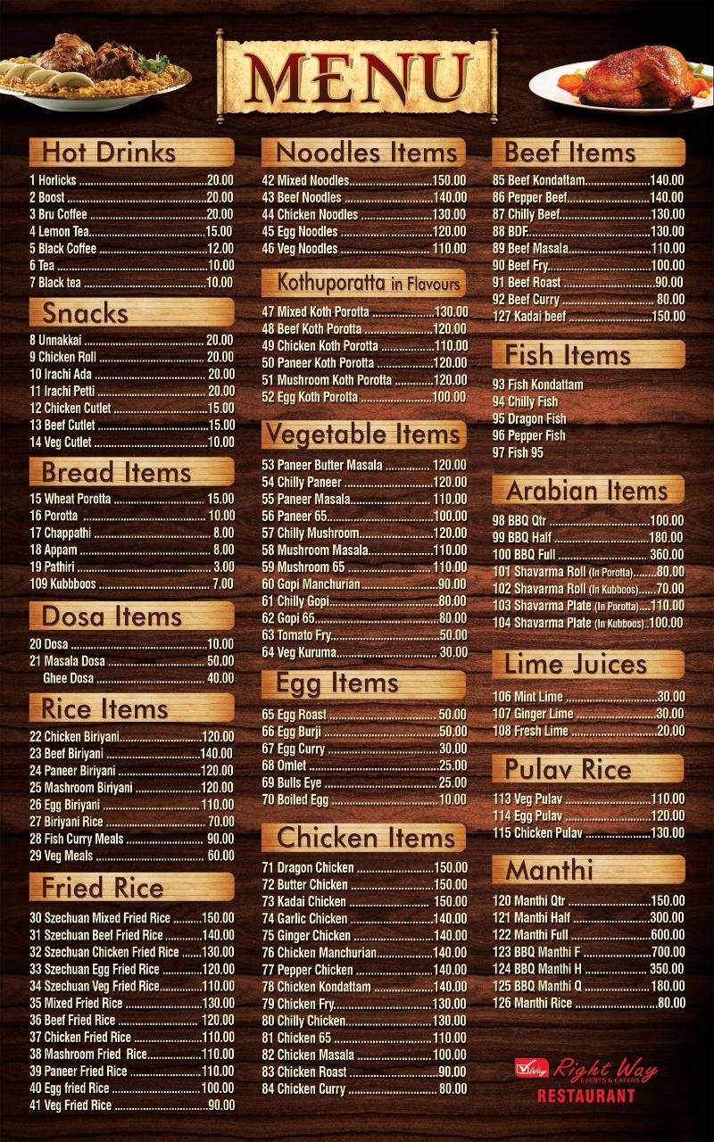 Right Way Restaurant Kattoor menu
