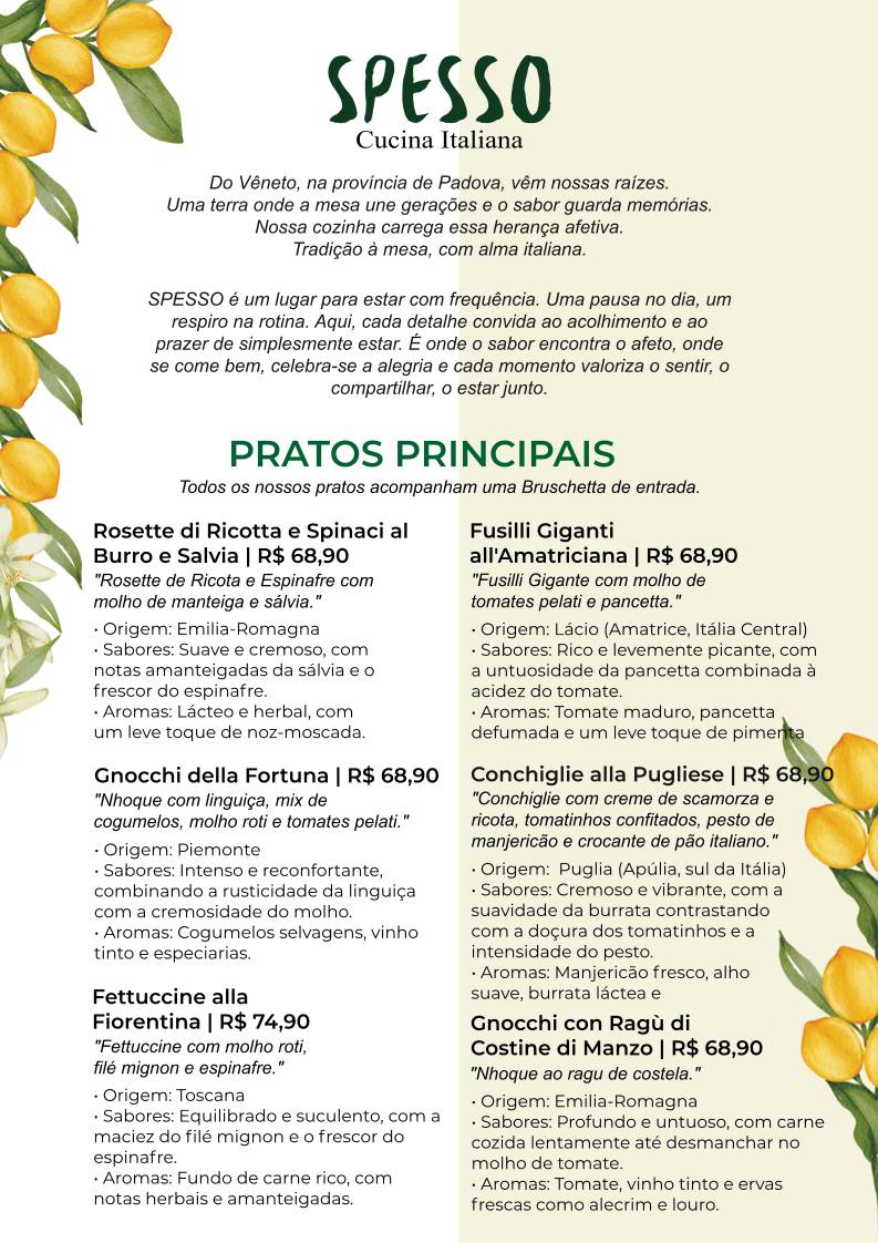 Spesso, cardápio