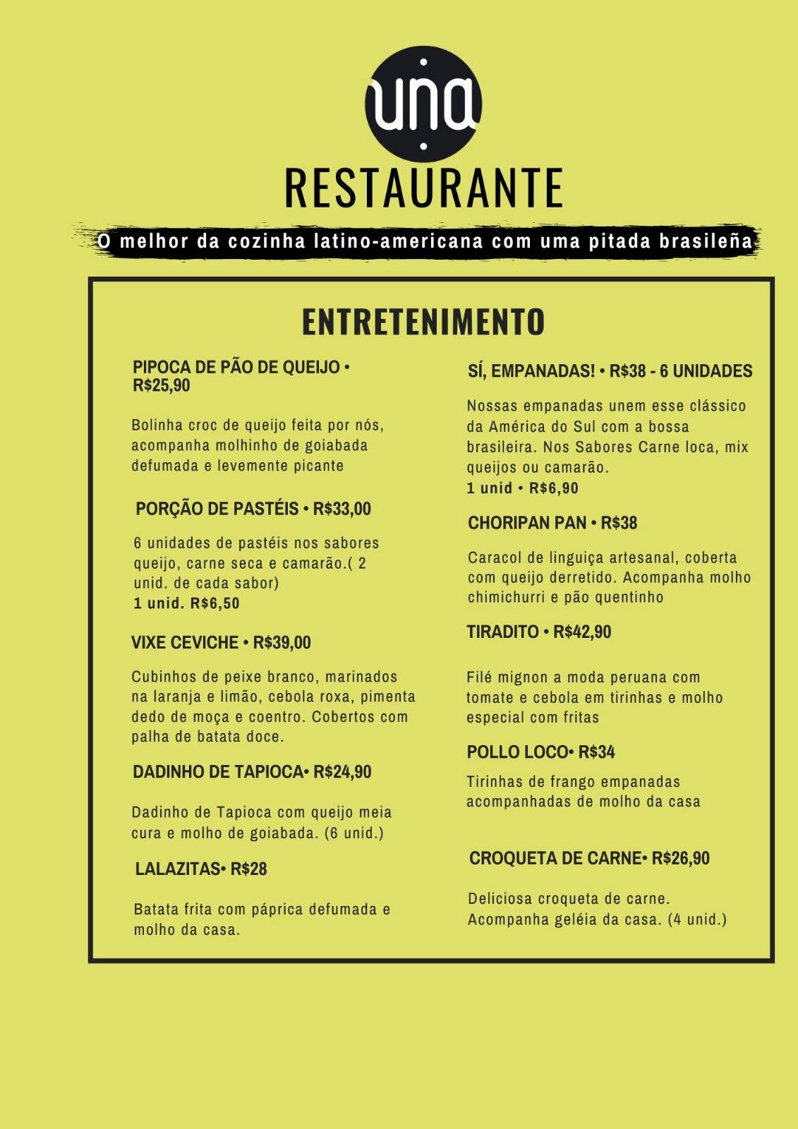 UNA Restaurante cardápio