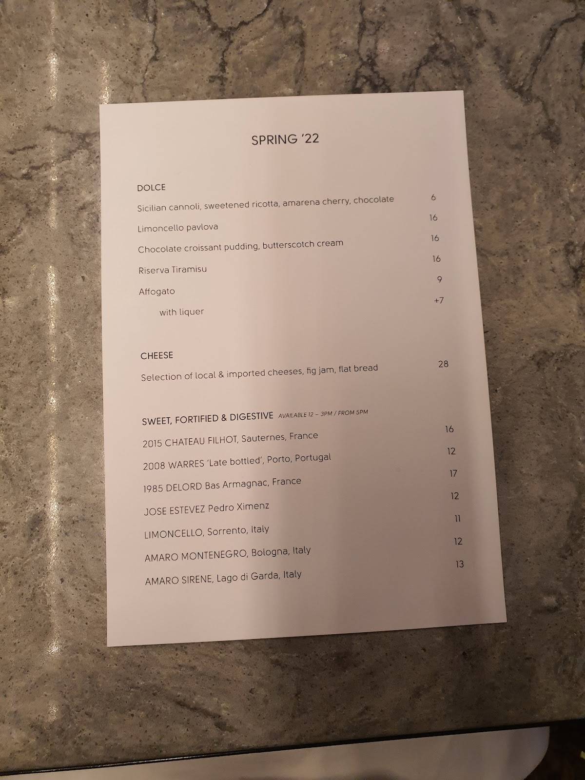 Menu at Riserva Wine restaurant, Malvern East