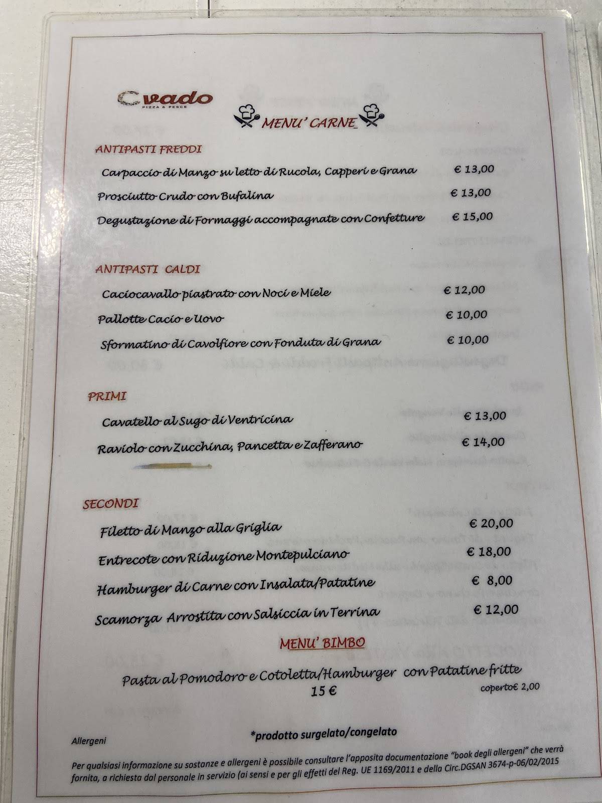 Menu di Ristorante C vado 