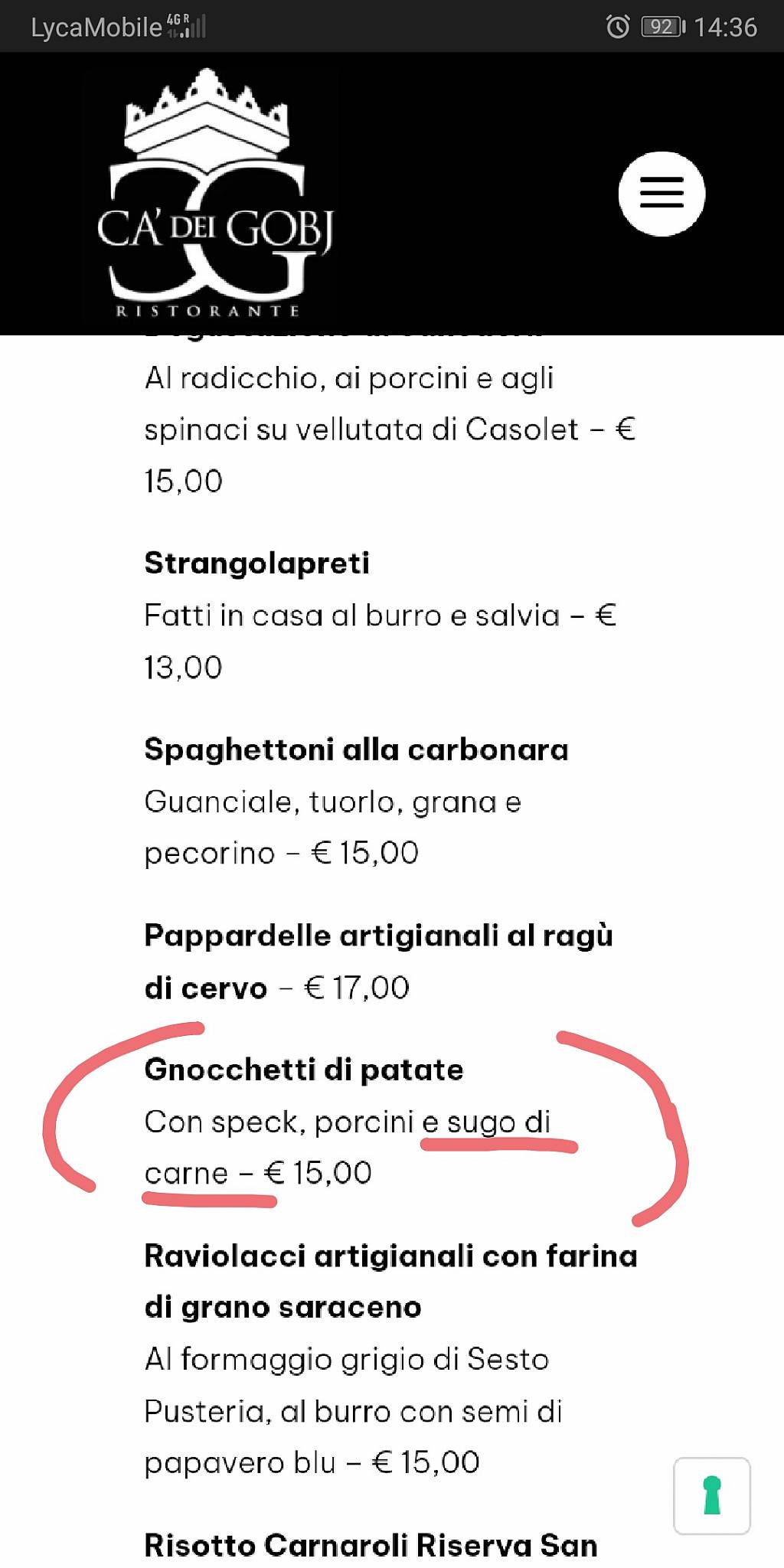 Menu di Ristorante Ca dei Gobj 