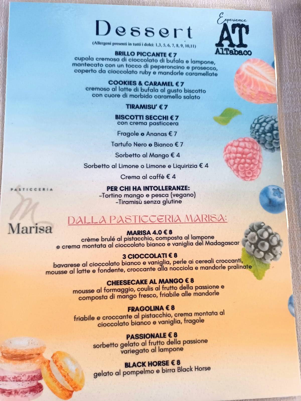Menu di Ristorante Pizzeria al Tabaco 
