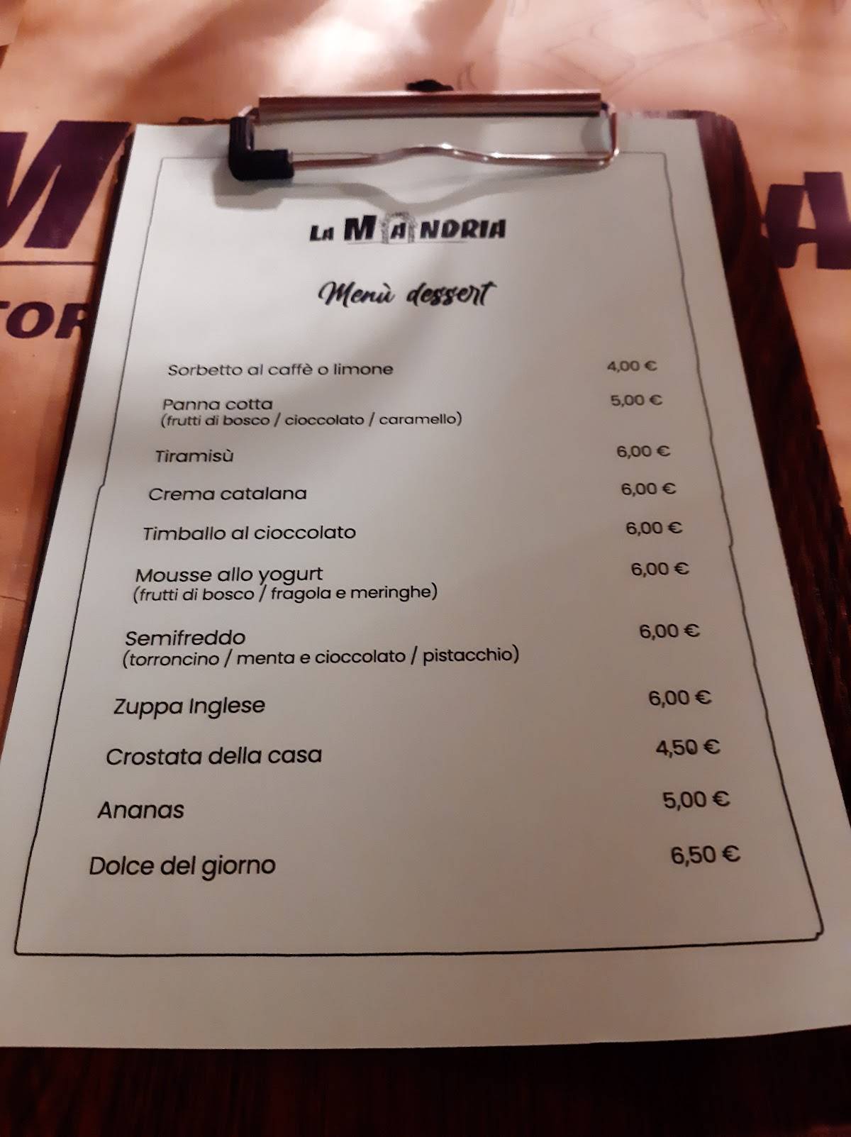 Menu di Ristorante Pizzeria La Mandria 