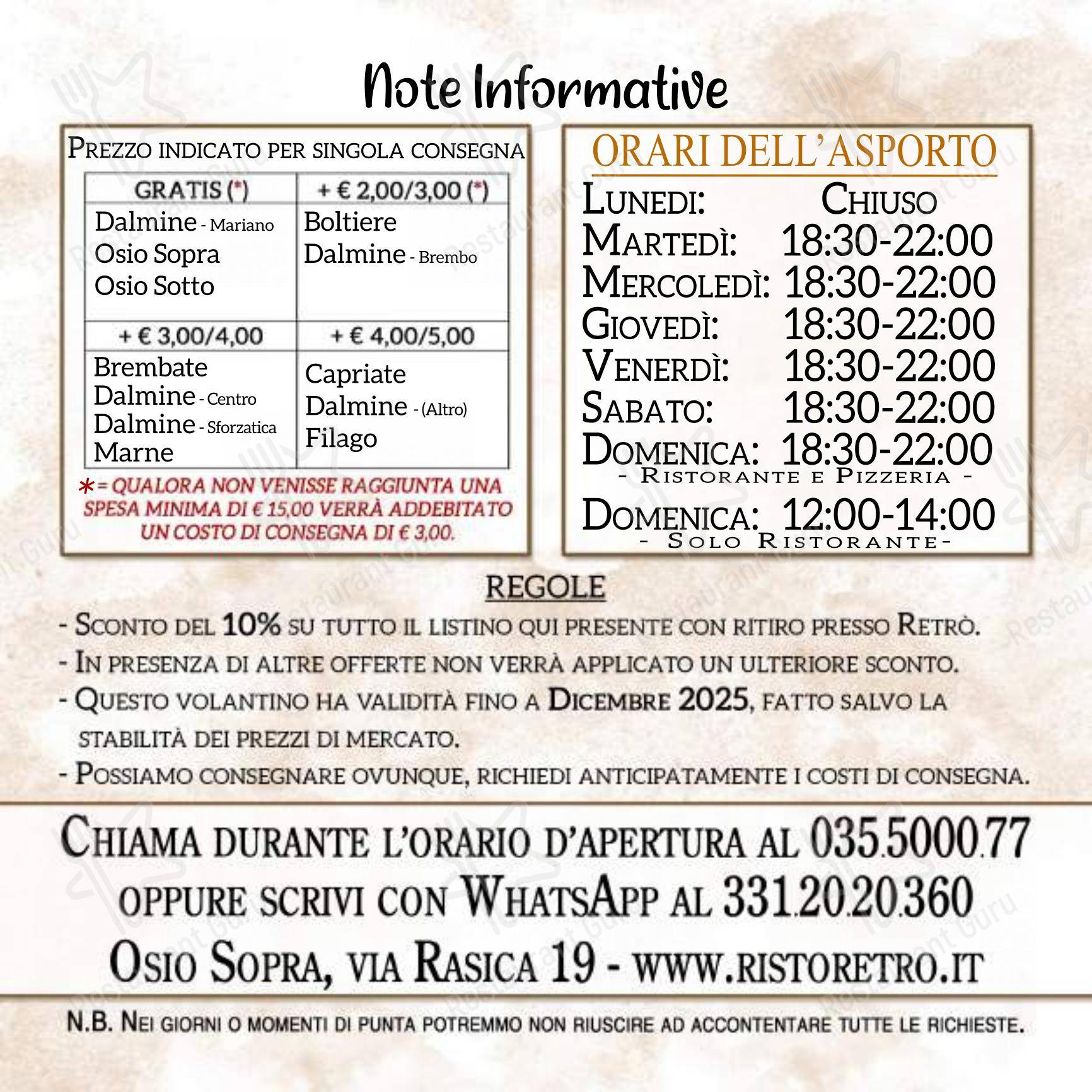 Menu bar per Retrò pizzeria