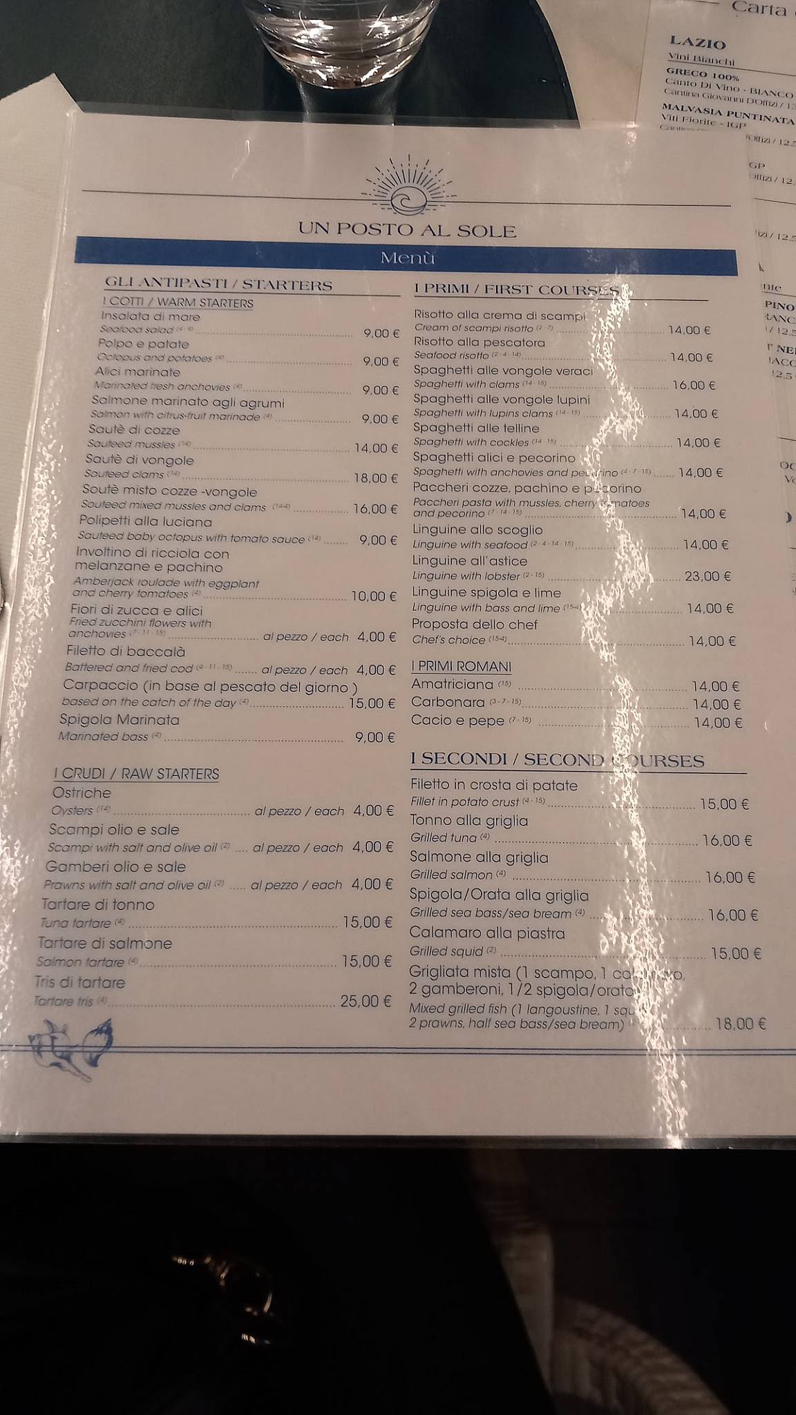Menu di Ristorante Un Posto Al Sole Fiumicino 