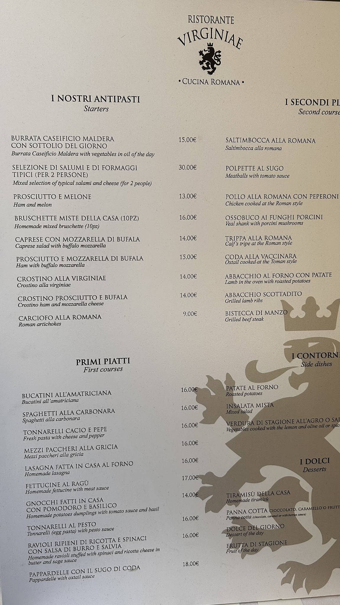Menu di Ristorante Virginiae 