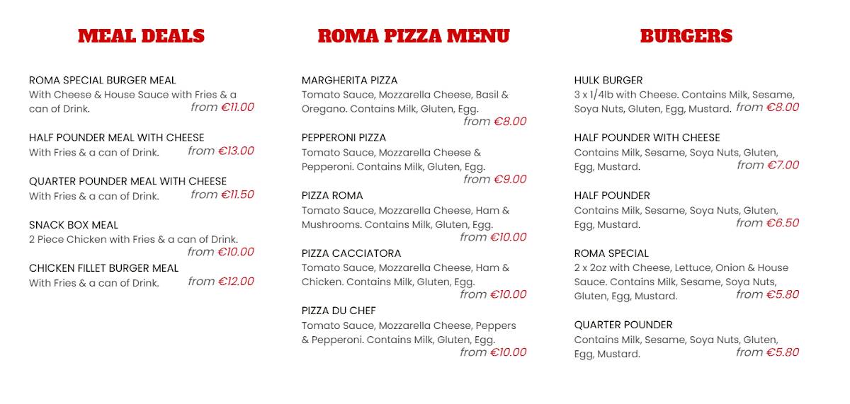 Menu at Roma Takeaway fast food, Saggart, 1 Mill Rd
