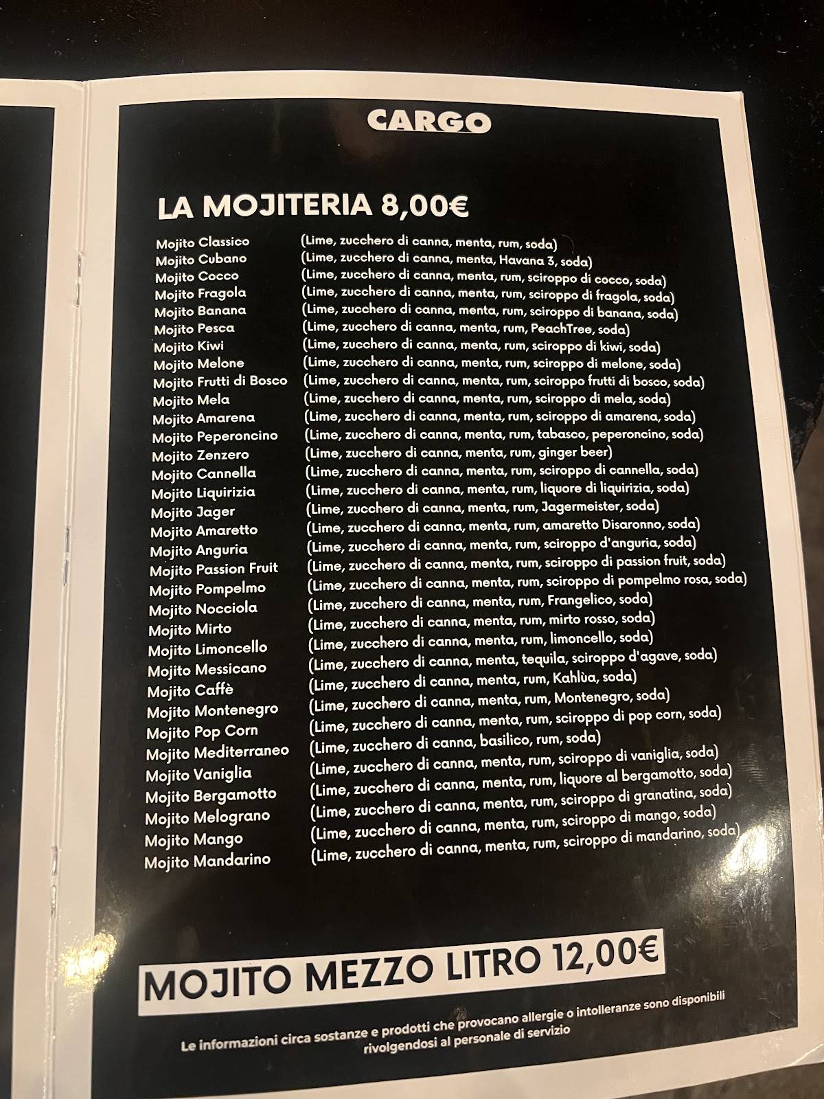 Menu di Cargo al Pigneto 