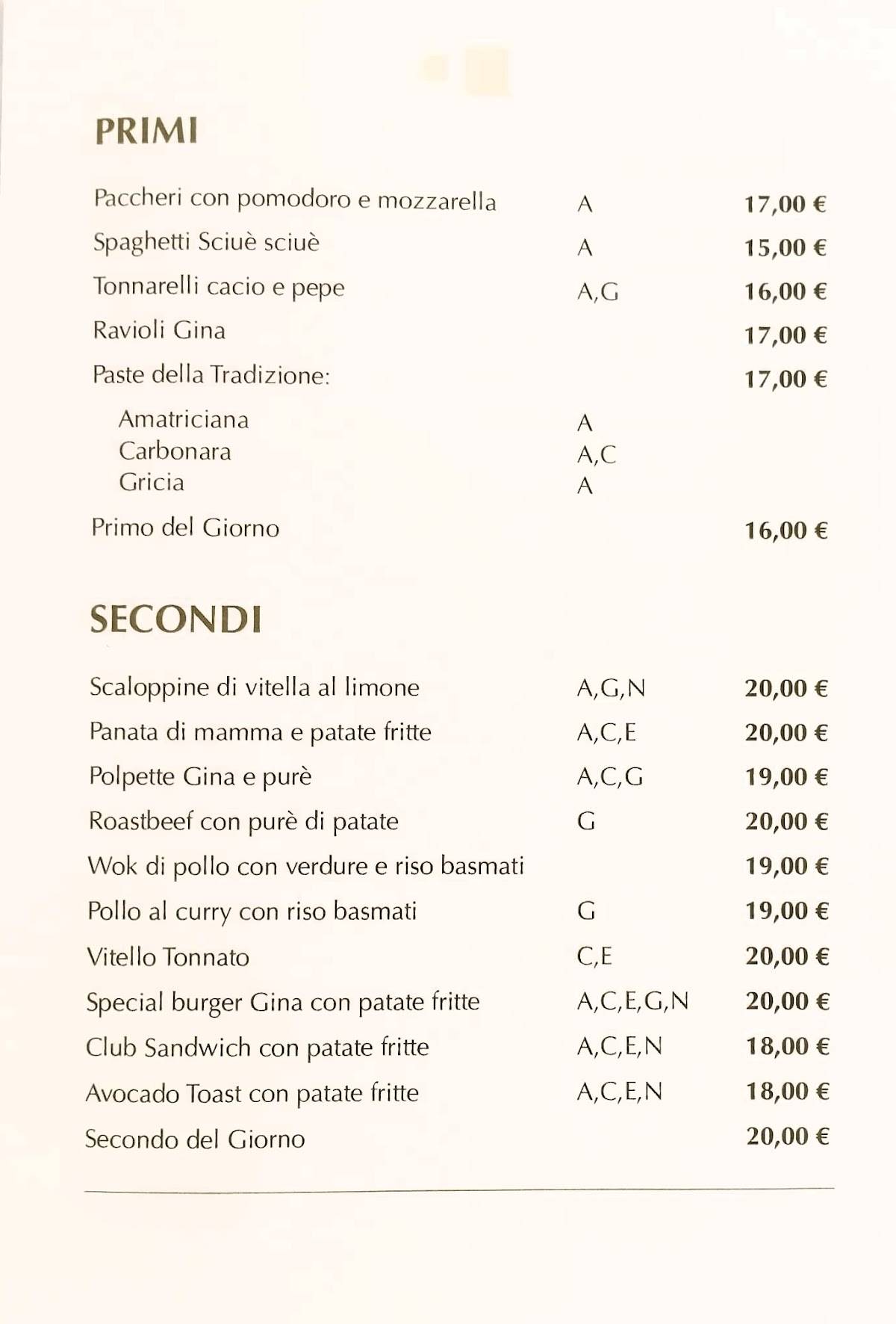 Menu di Ristorante Gina 