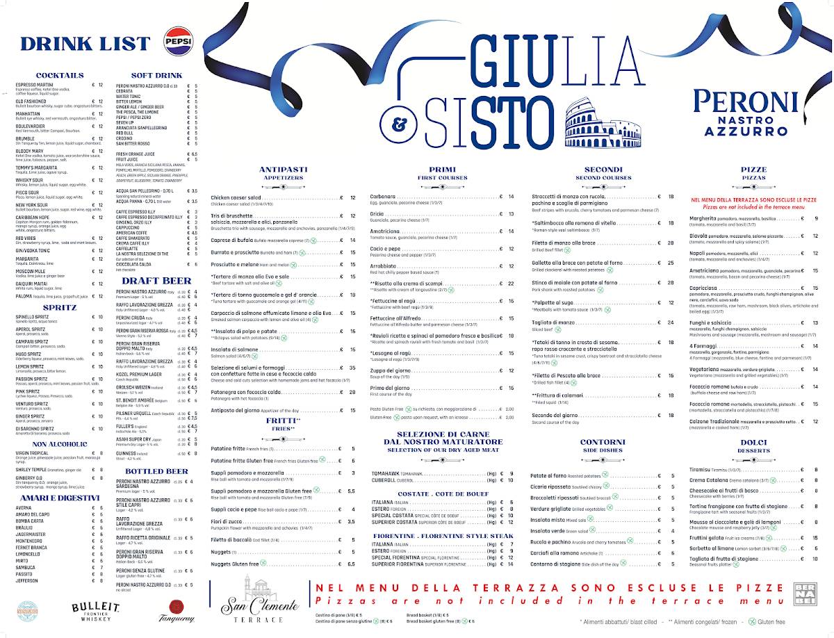 Menu di Giulia&Sisto Roma Terrazza San Clemente 