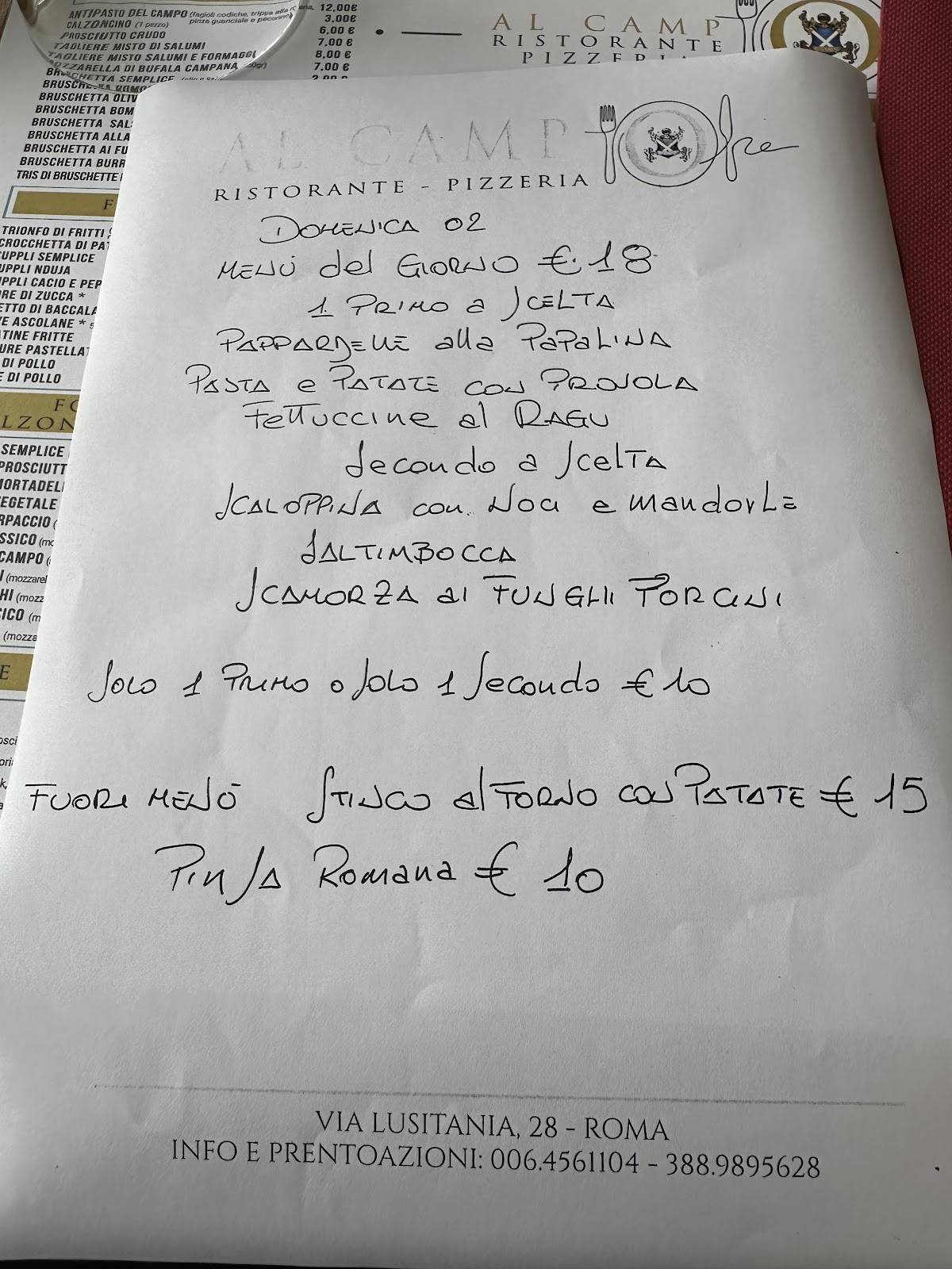 Menu di Bar pizzeria AL CAMPO 