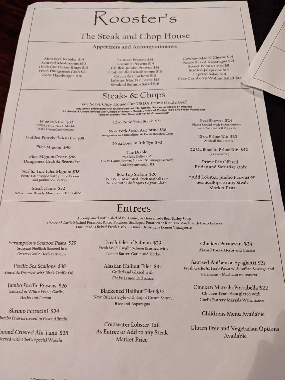 Menu at Roosters Steak & Chop House steakhouse, Klamath Falls