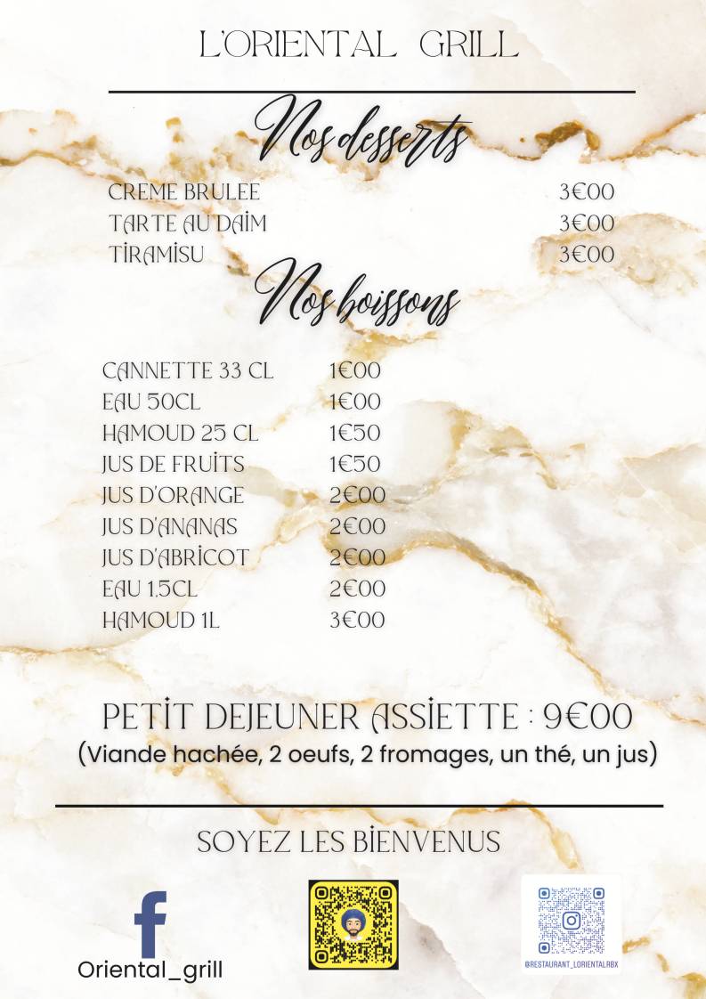 Menu de L'Oriental