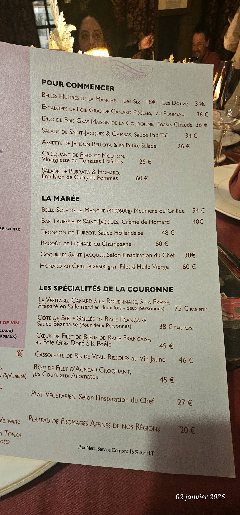 Menu de La Couronne