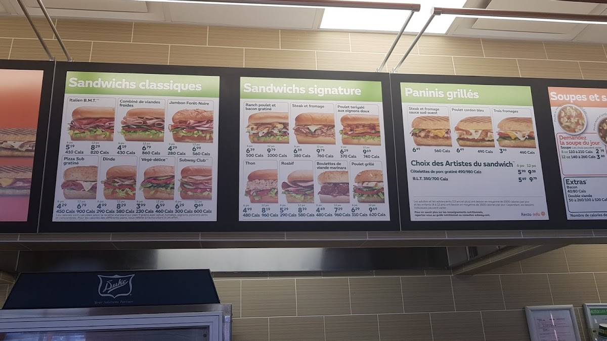 Menu de Subway