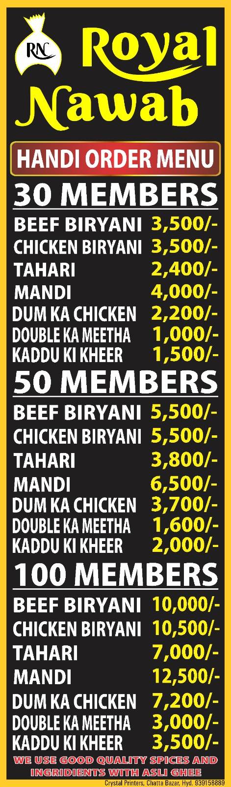 Royal Nawab menu