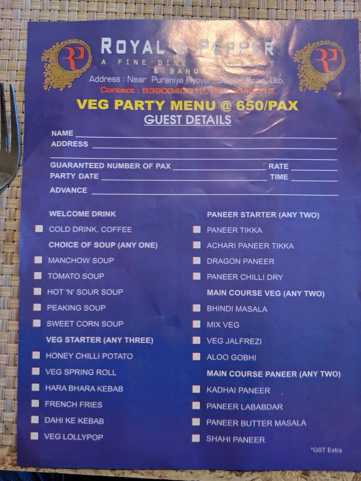 Royal'z Pepper A Fine Dine Restaurant & Banquet menu