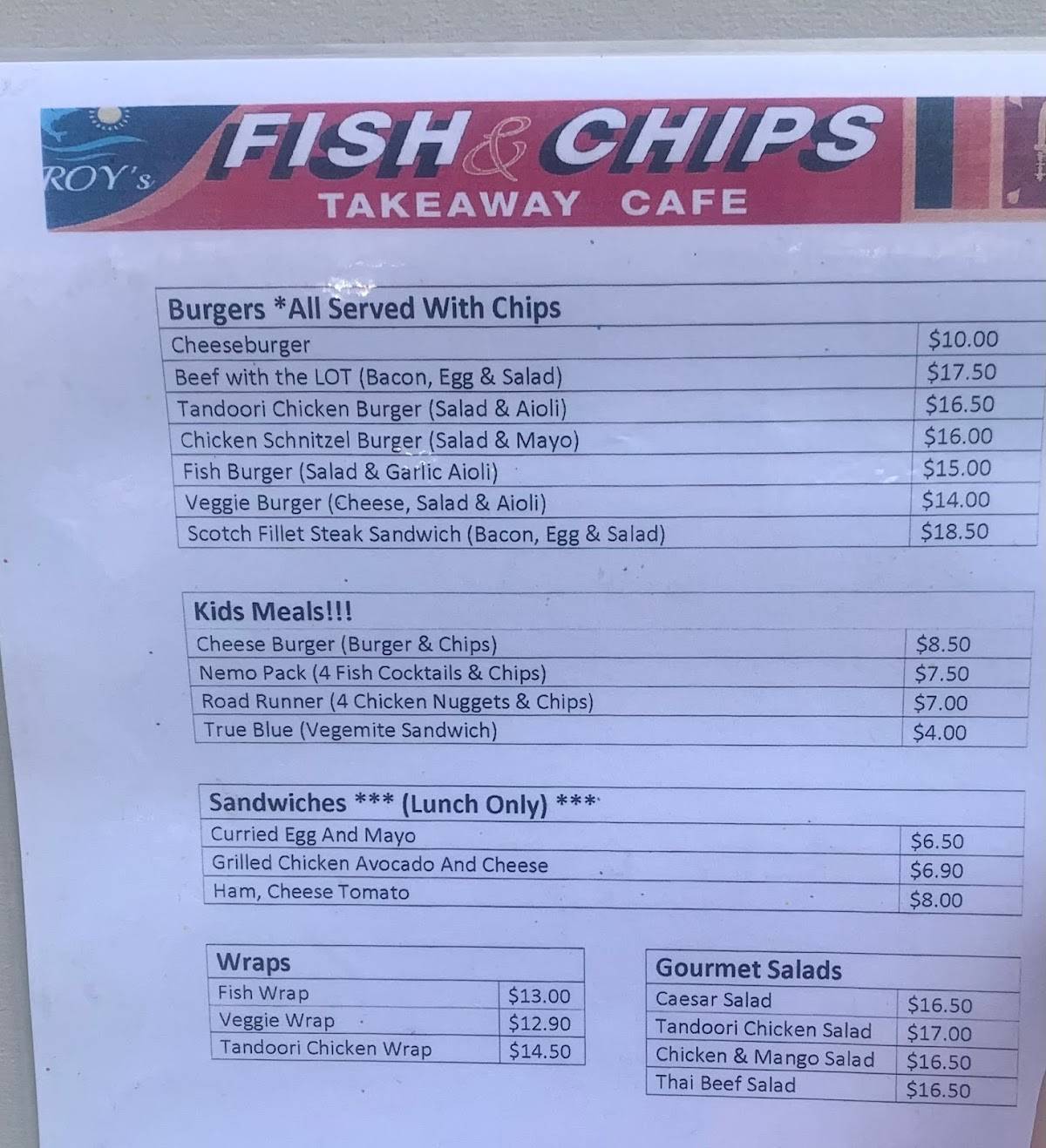 Menu at Roy