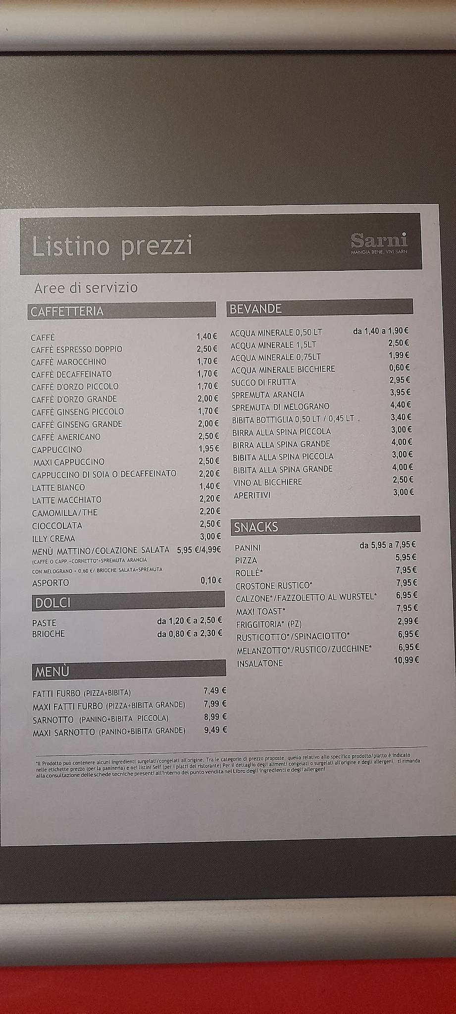 Menu di SARNI Piscina Sud 