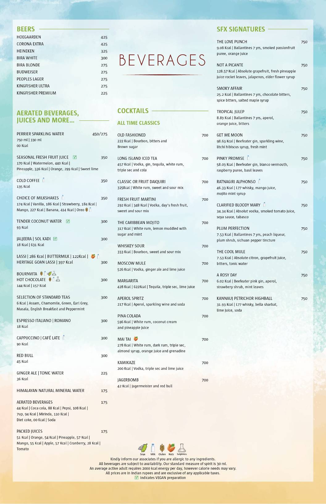 SFX Lounge Bar menu