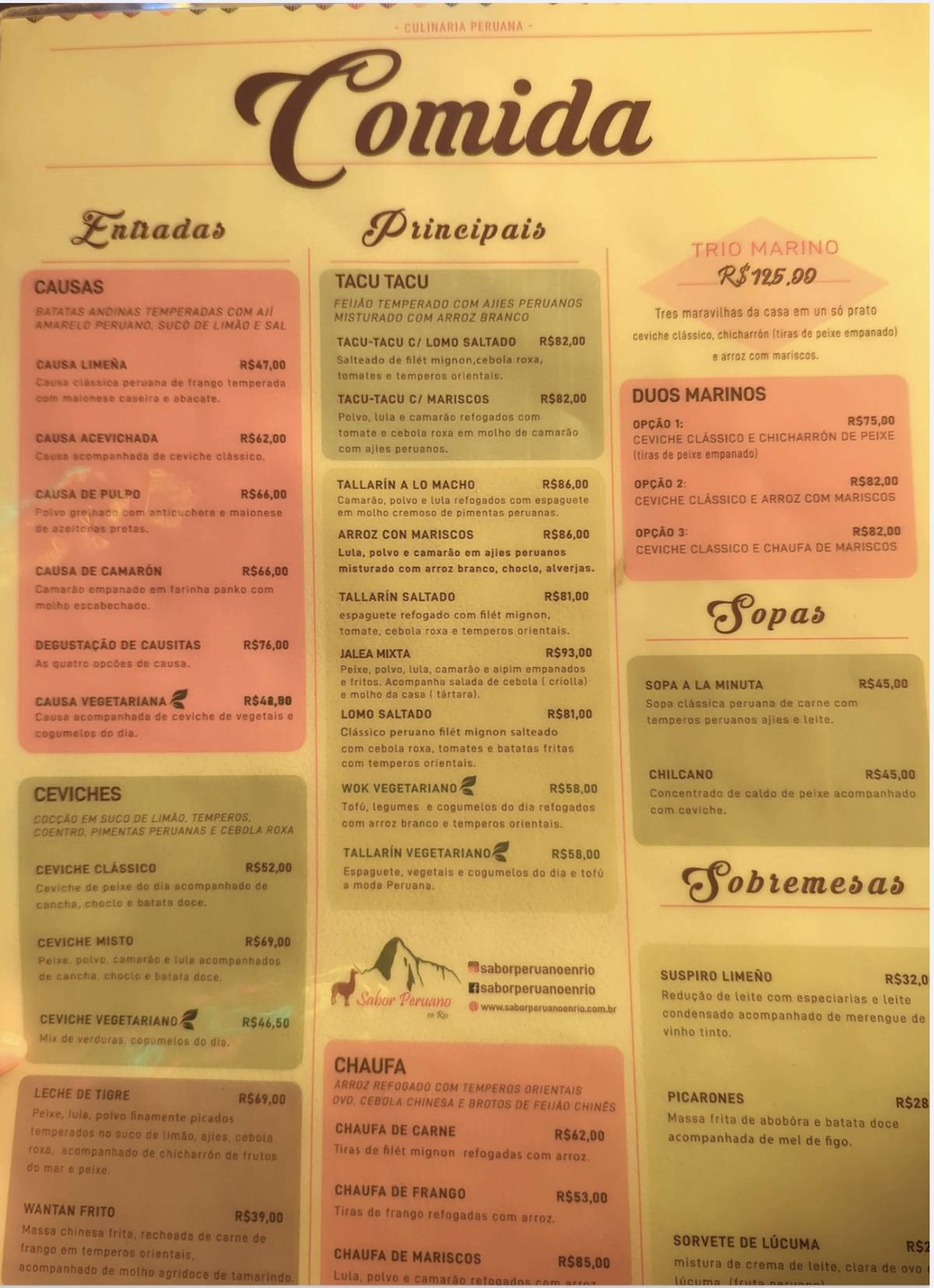 Sabor Peruano en Rio cardápio