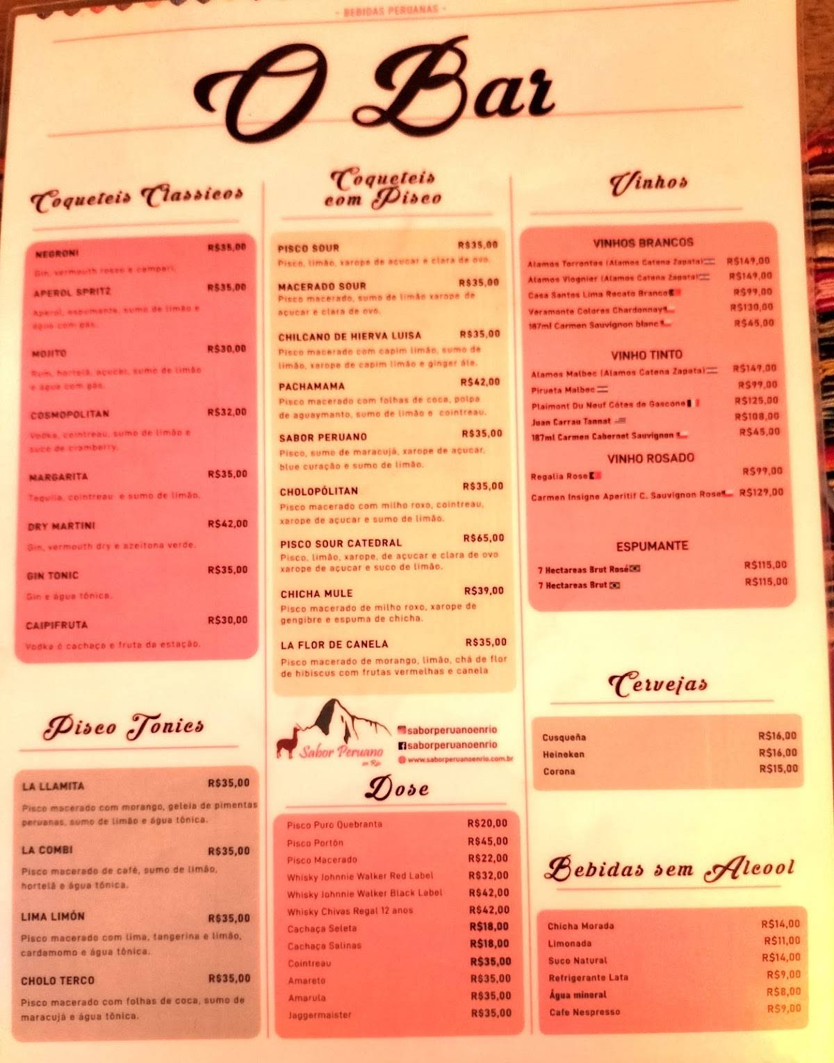 Sabor Peruano en Rio cardápio