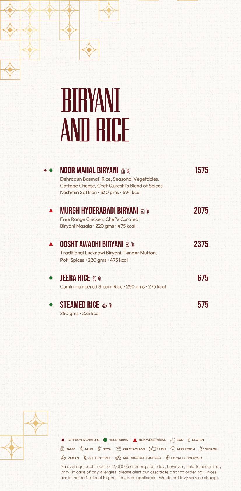 Saffron JW Marriott Mumbai Juhu menu