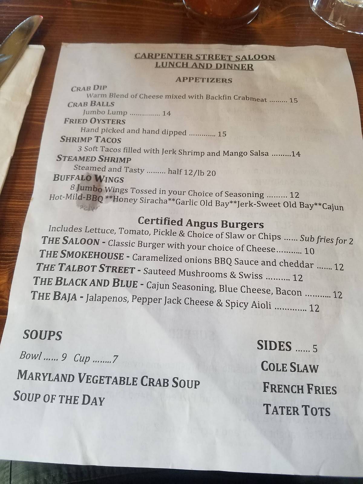 Menu at Carpenter Street Saloon pub & bar, Saint Michaels