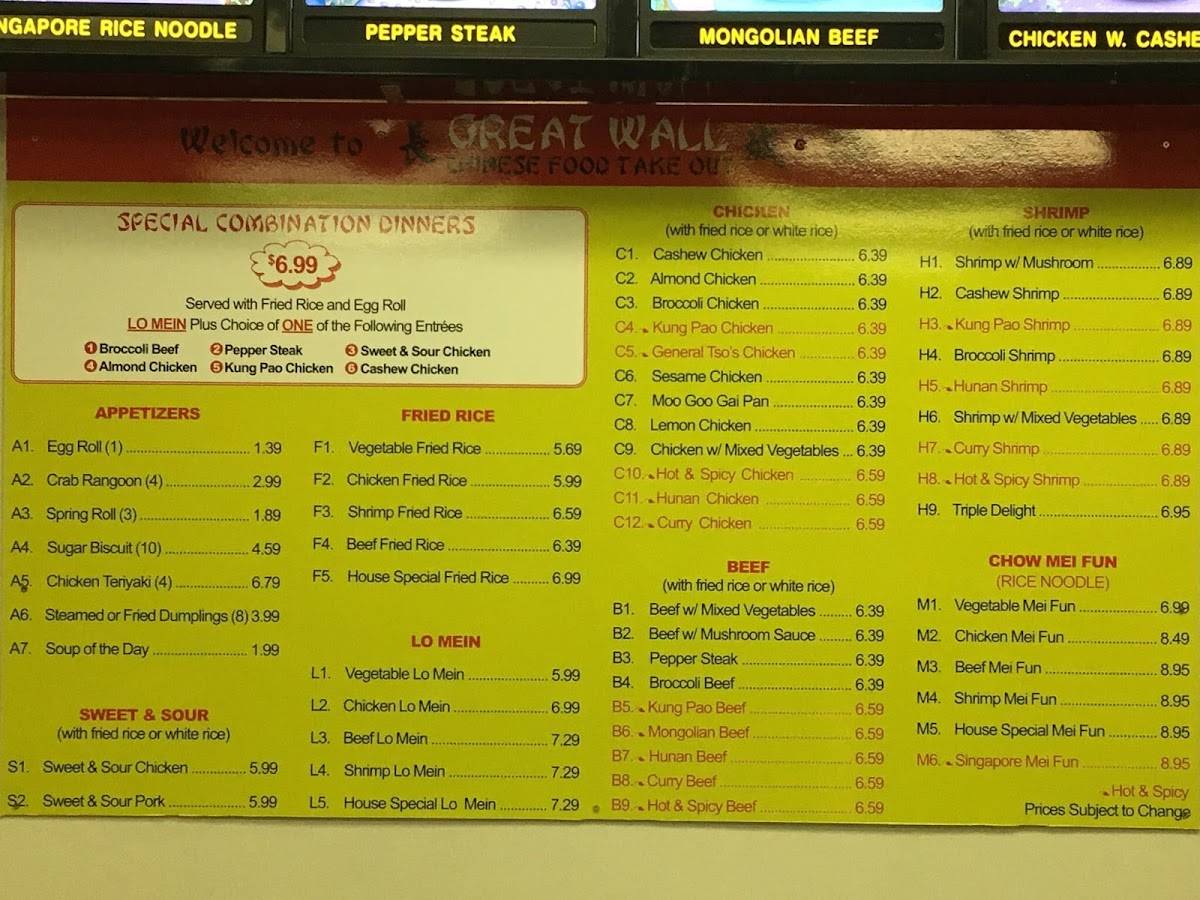 Menu at Great Wall Chinese Restaurant, Salina