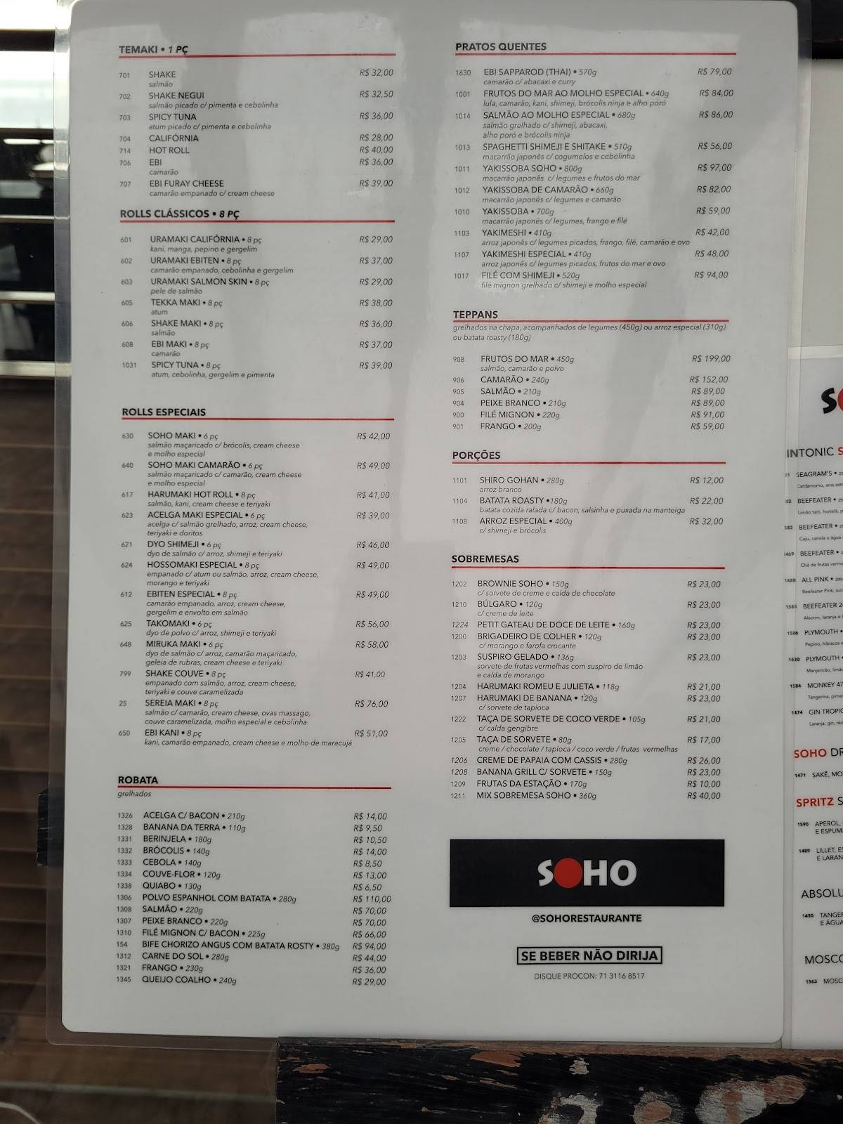 Soho Restaurante cardápio