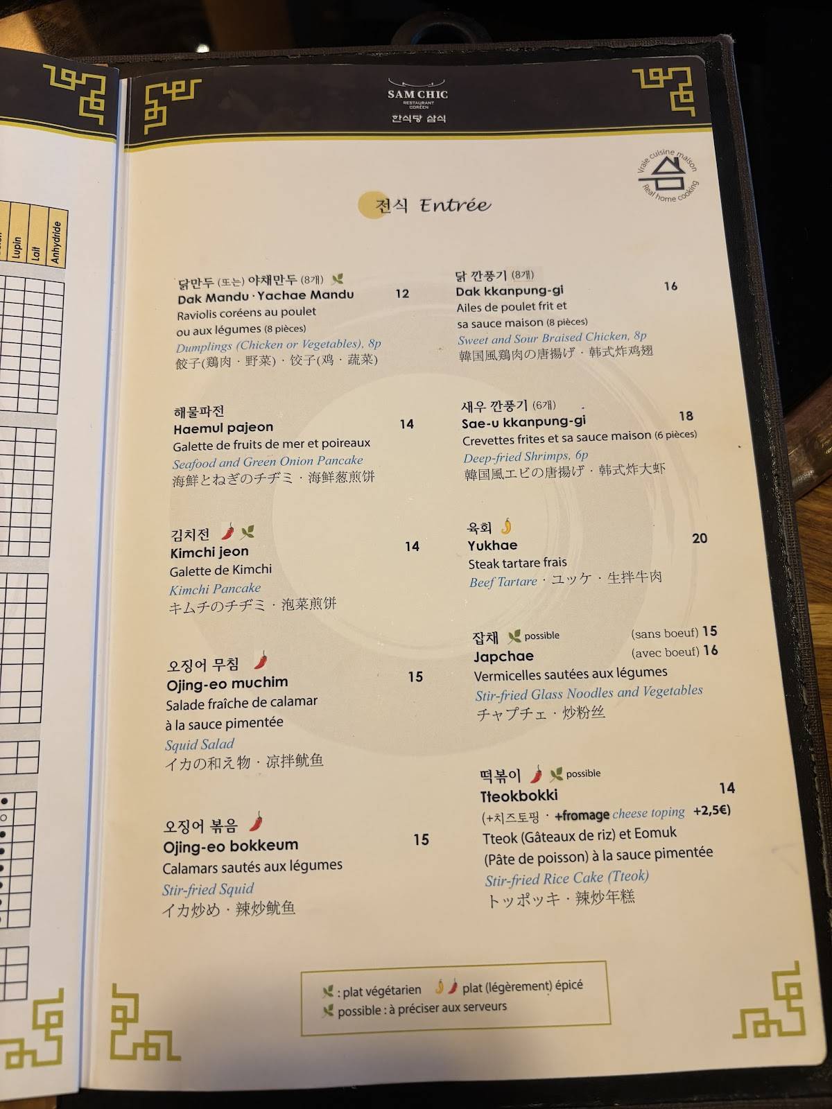 Menu de Sam Chic