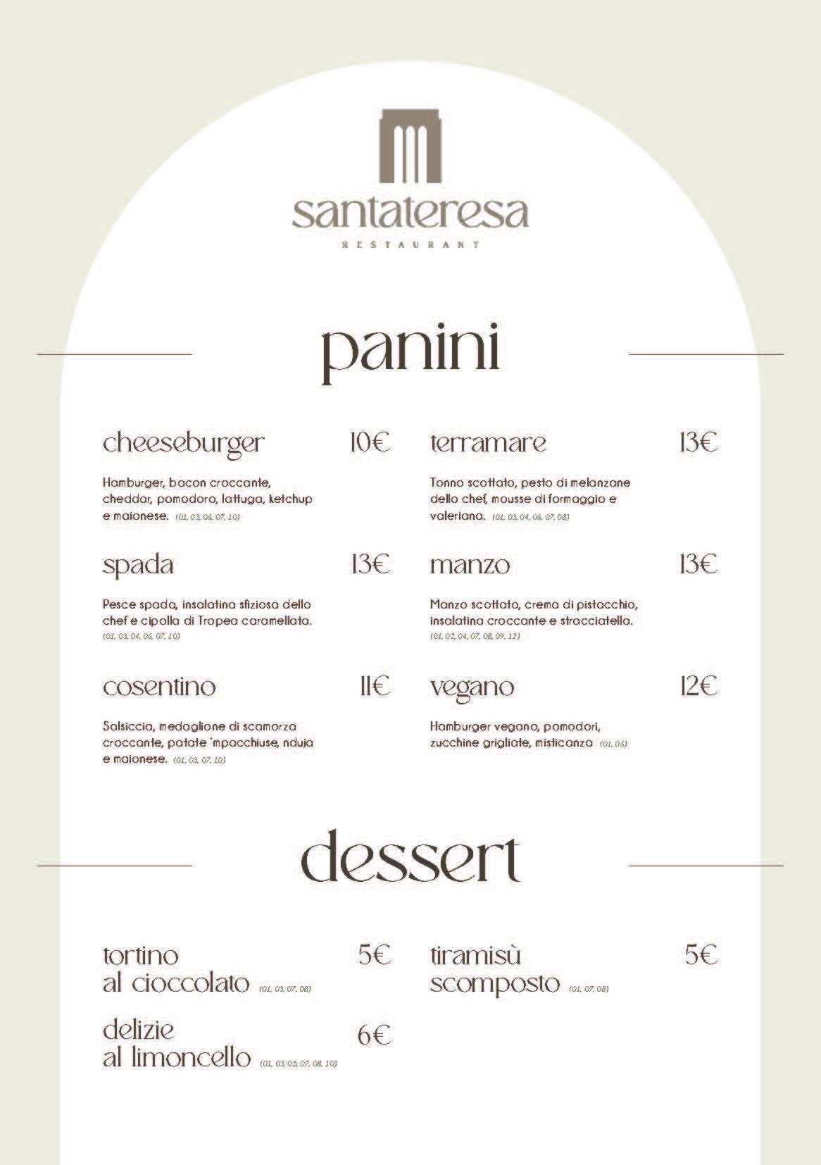 Menu di Santateresa Restaurant 