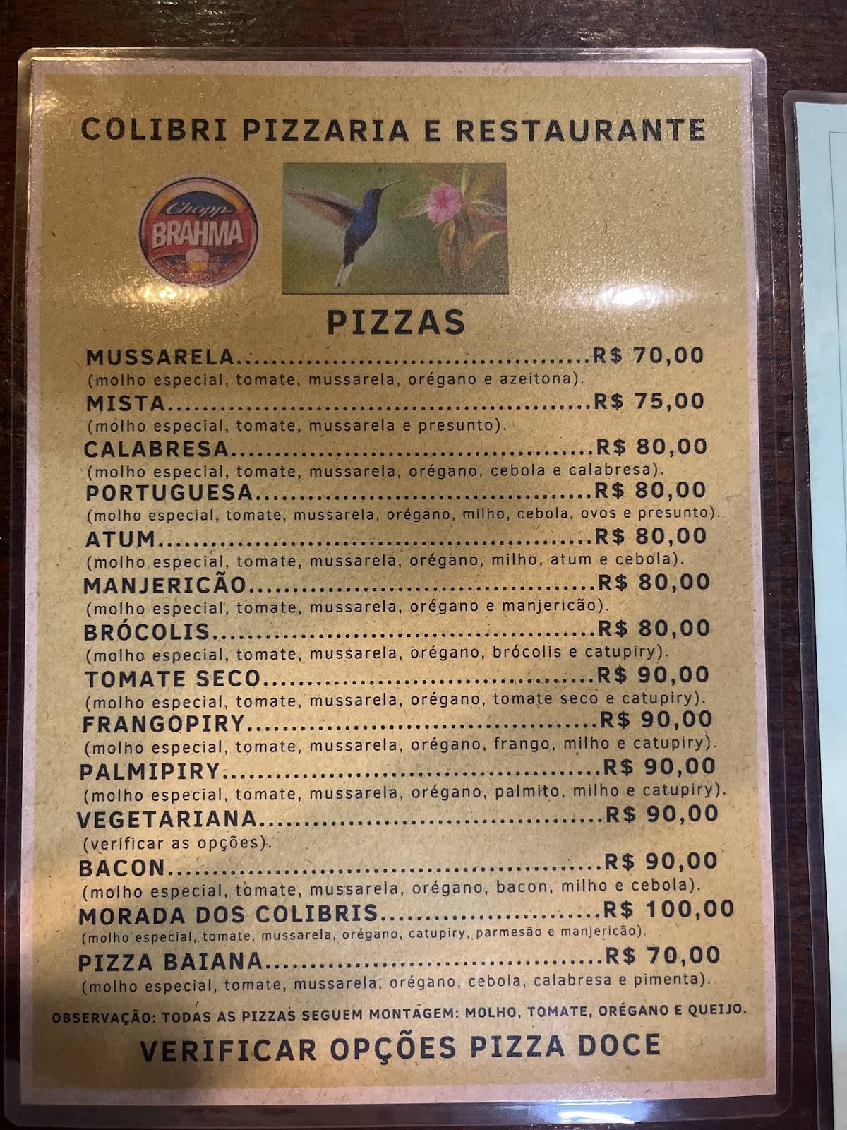 Colibri Pizzaria e Restaurante cardápio
