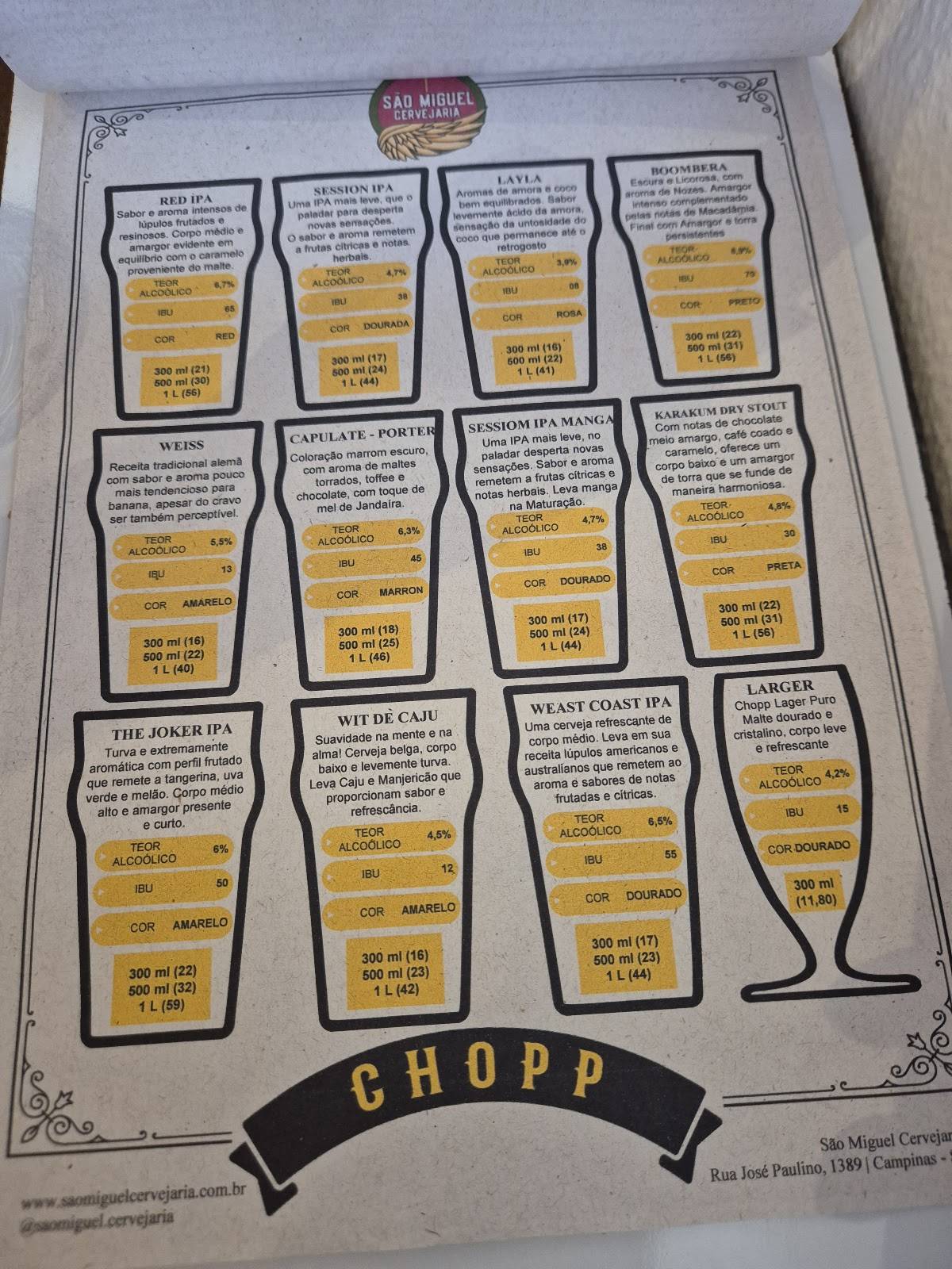 São Miguel Cervejaria cardápio