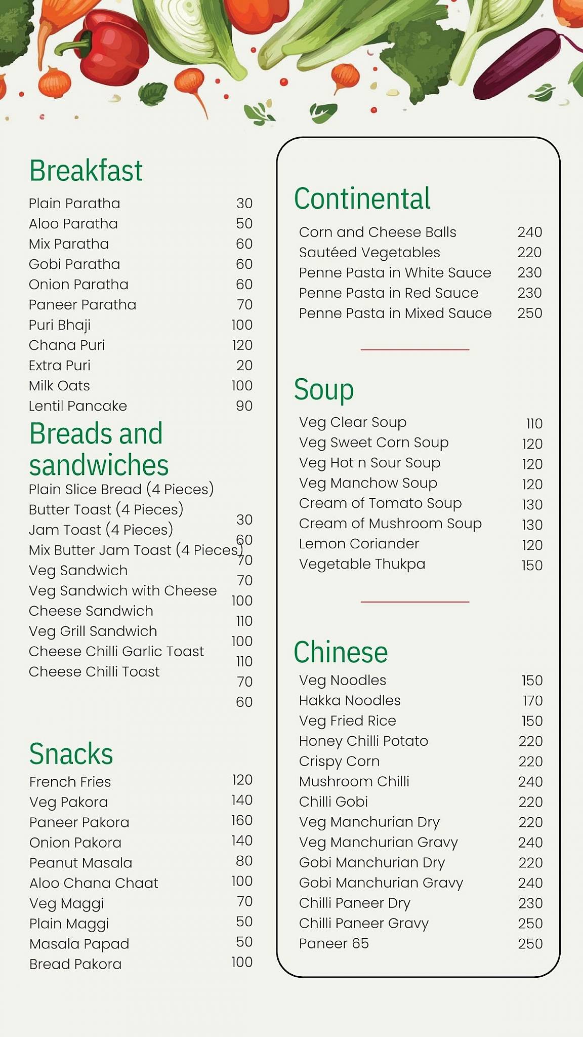 Satvik Food Corner and Home Stay menu