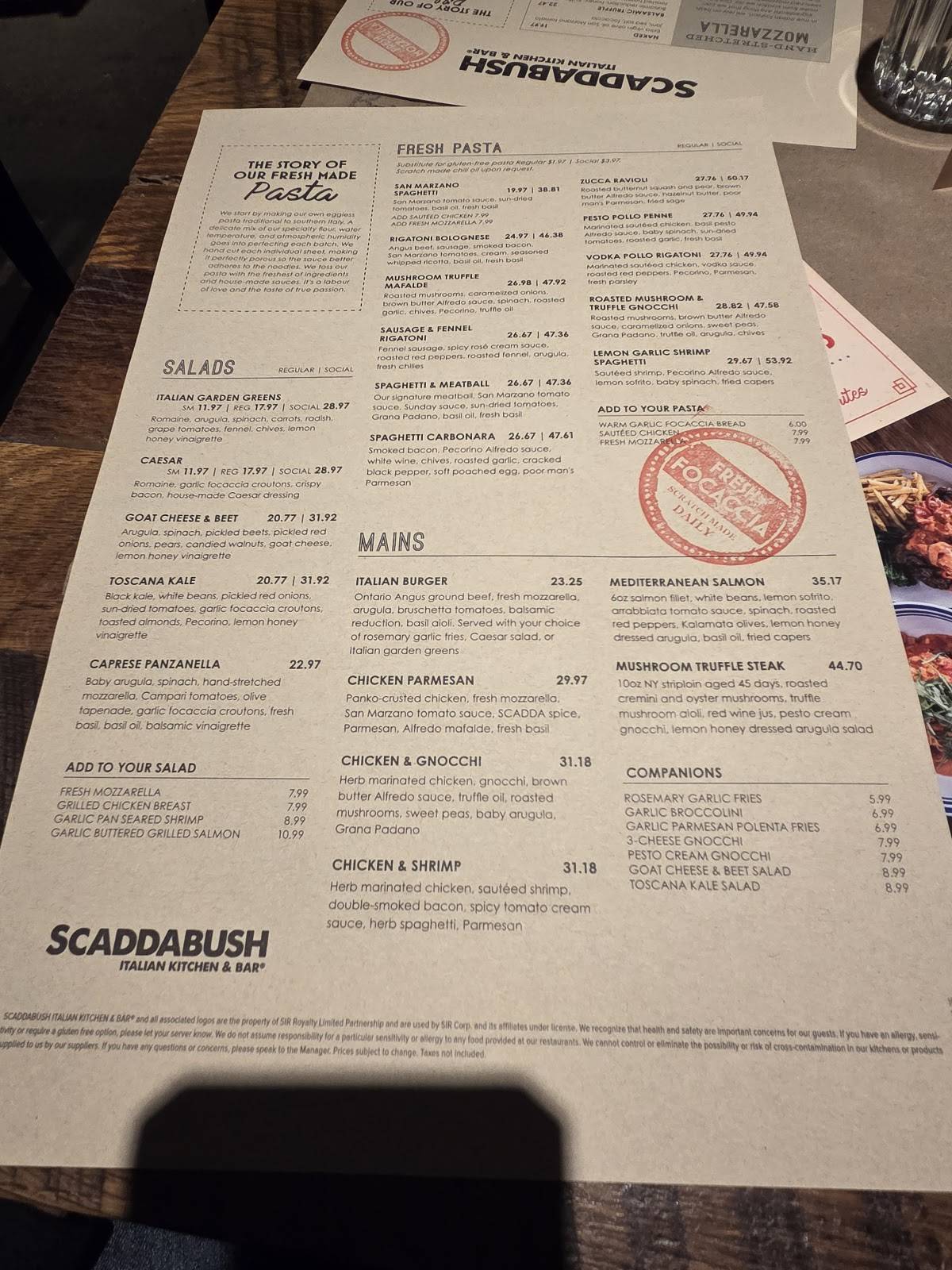 Menu de Scaddabush Italian Kitchen & Bar Front Street