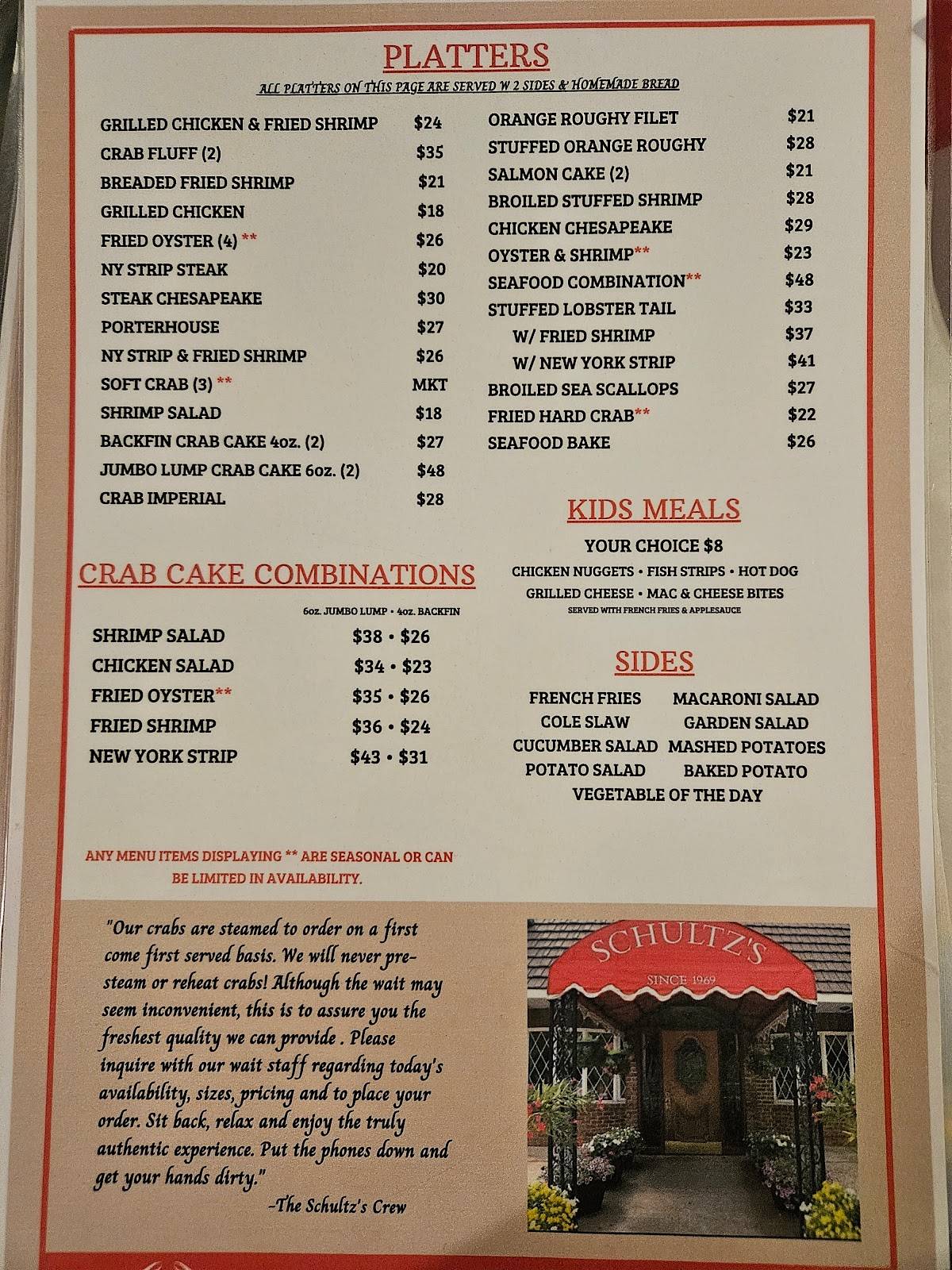 Menu at Schultz's Crab House restaurant, Essex