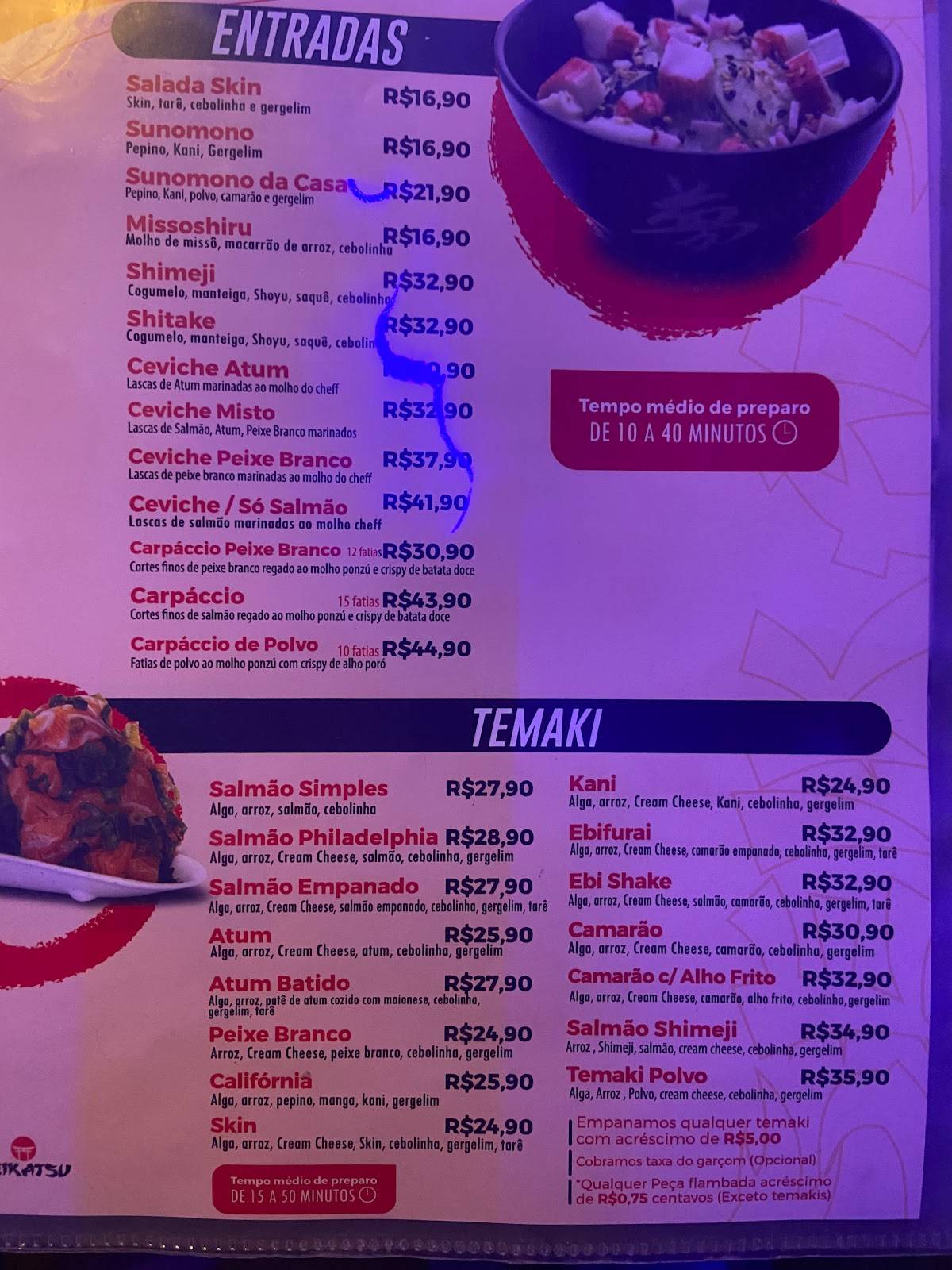 Seikatsu Sushibar e Petiscaria cardápio