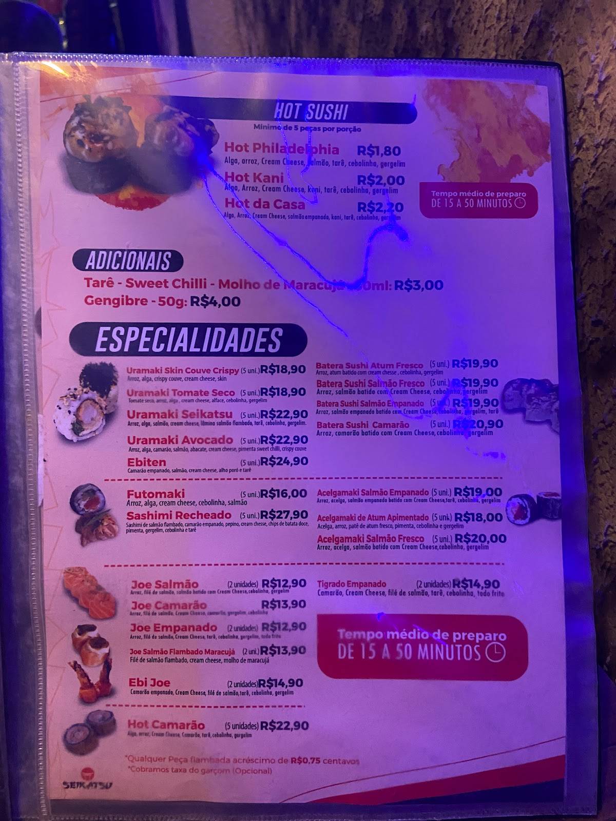 Seikatsu Sushibar e Petiscaria cardápio