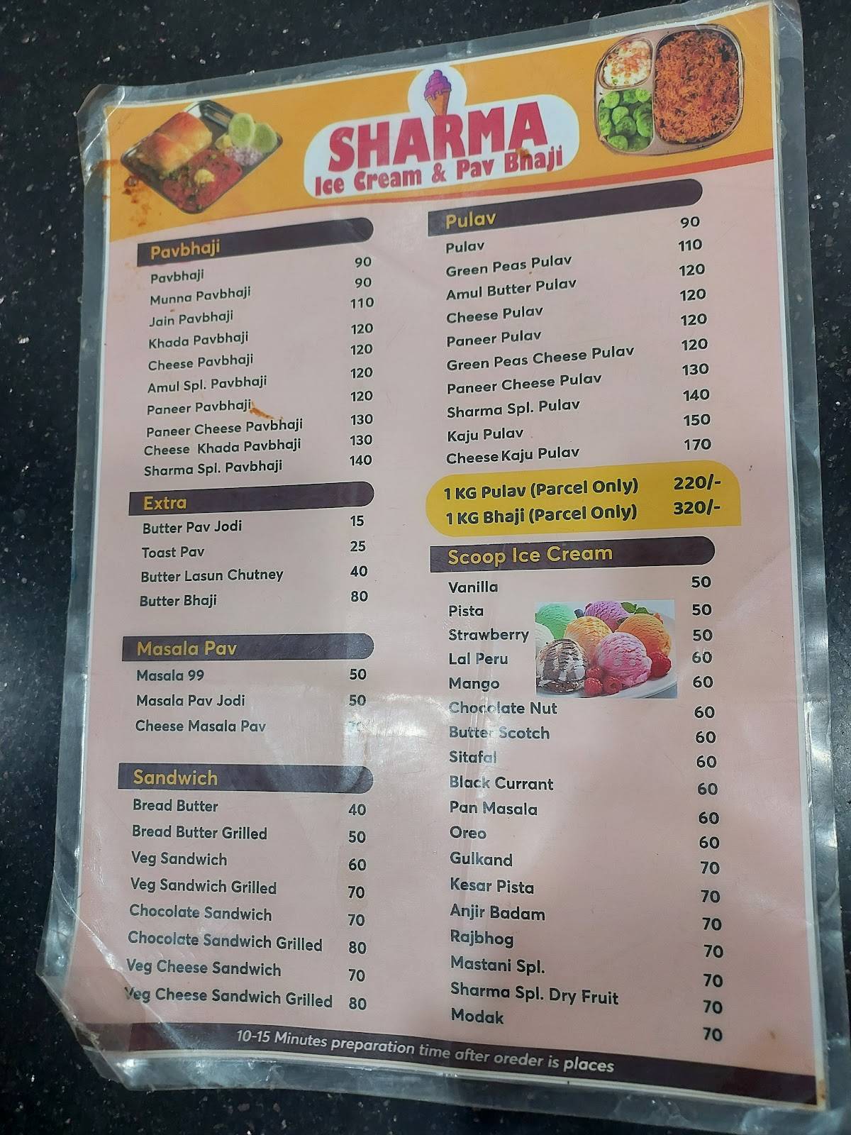 Sharma Icecrem & Pavbhaji menu