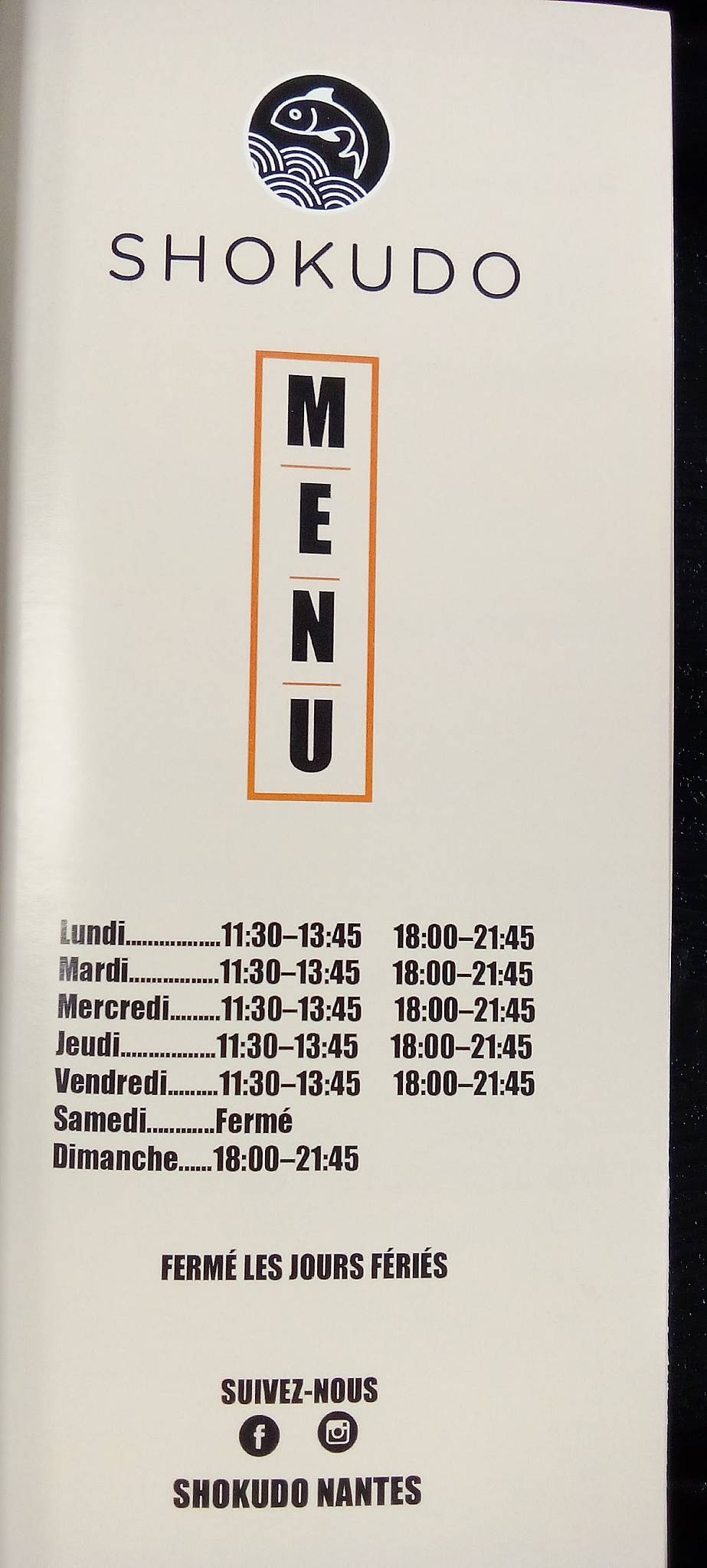 Menu de Shokudo Rond Point de Rennes