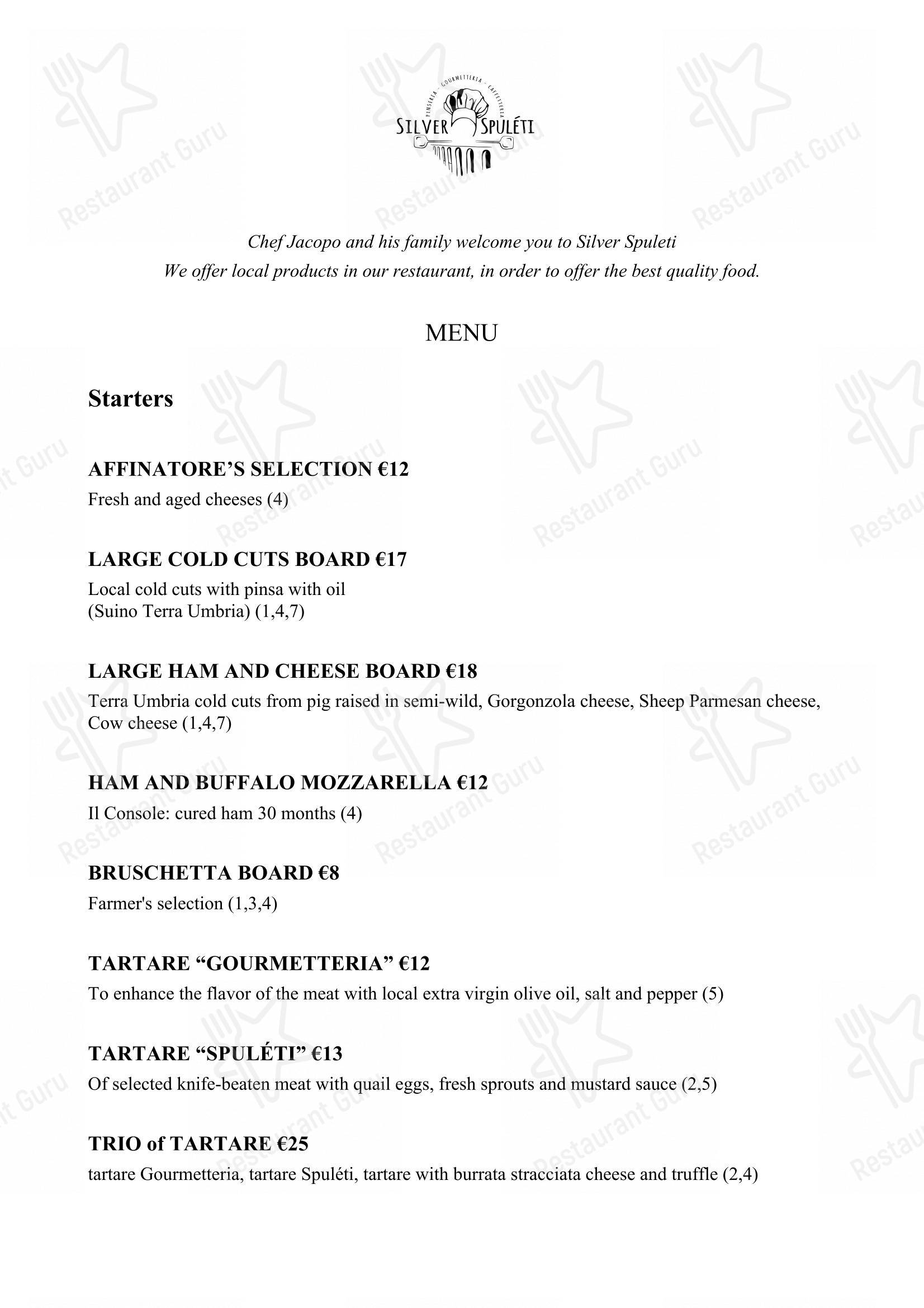 Menu per Silver Spuleti ristorante