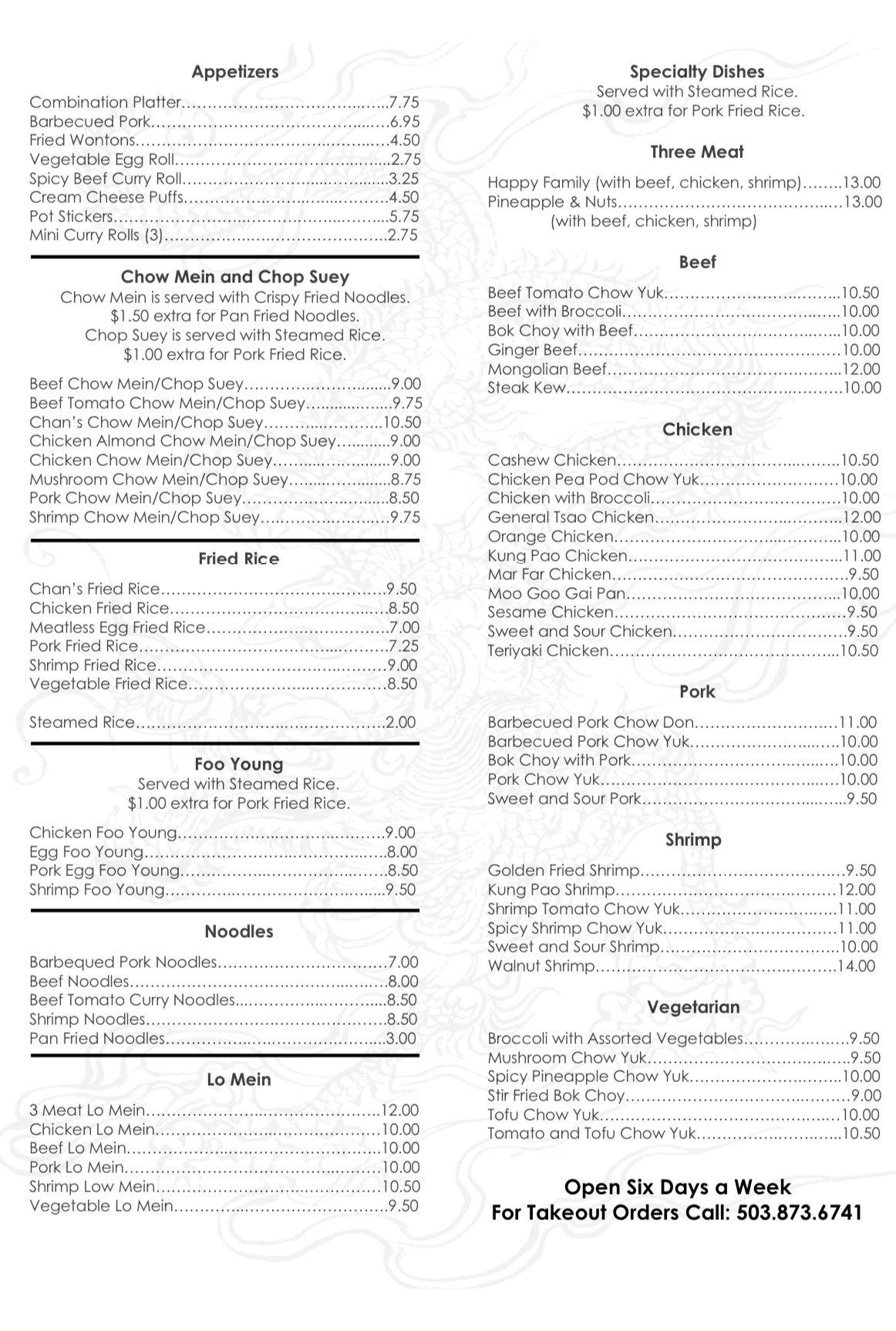 Menu at Chan's Restaurant, Silverton