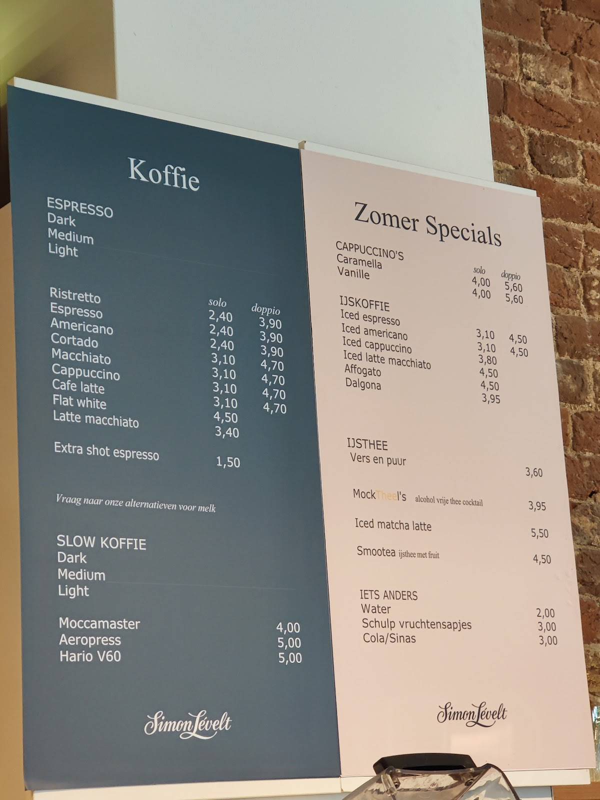 Menu de Simon Lévelt Café