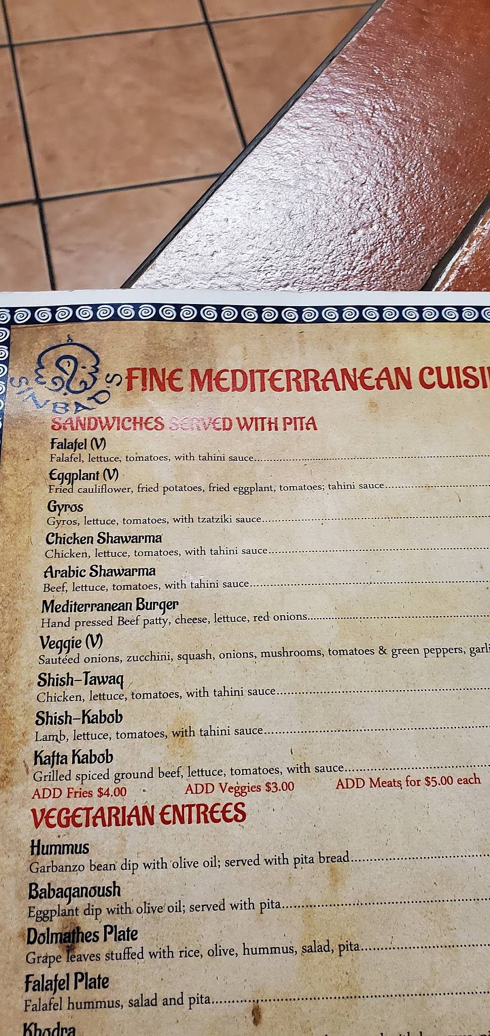 Menu at Sinbad's Restaurant, Tucson