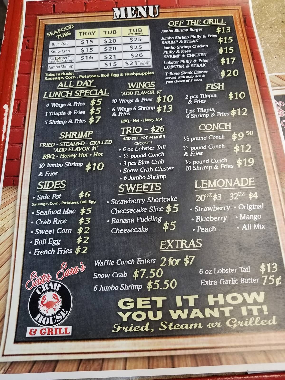 Menu at Sister Sara Crab House restaurant, Fort Lauderdale