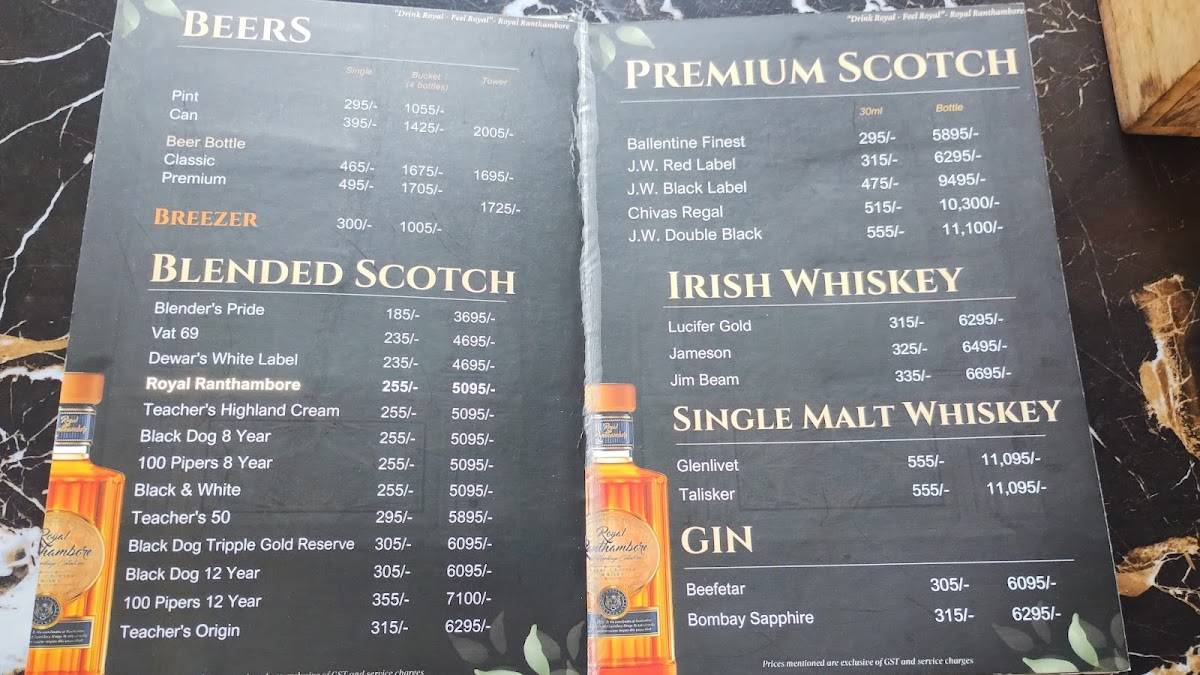 Skyscape Bar & Lounge menu